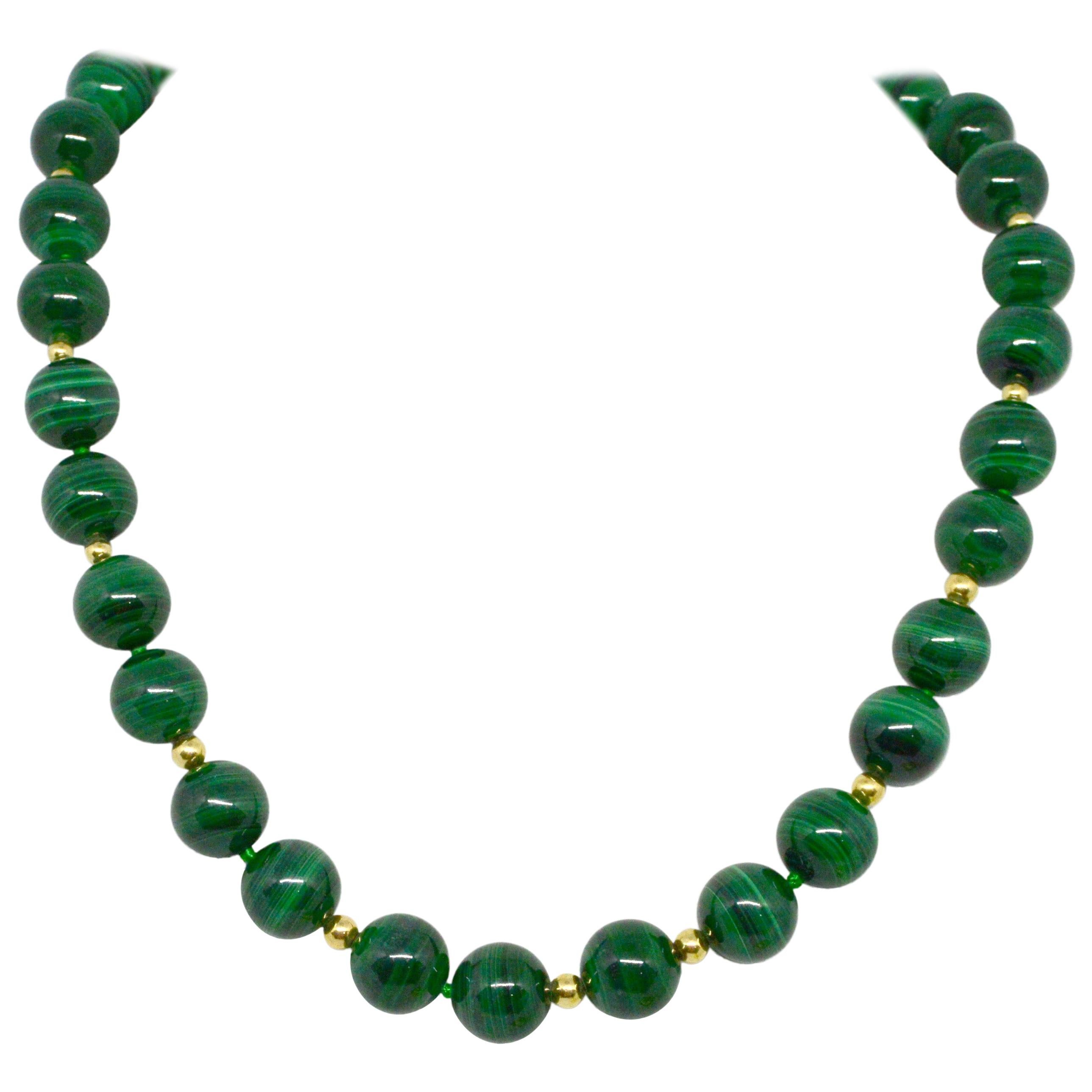 Decadent Jewels Malachite Polished High Grade Spheres Gold Necklace For Sale