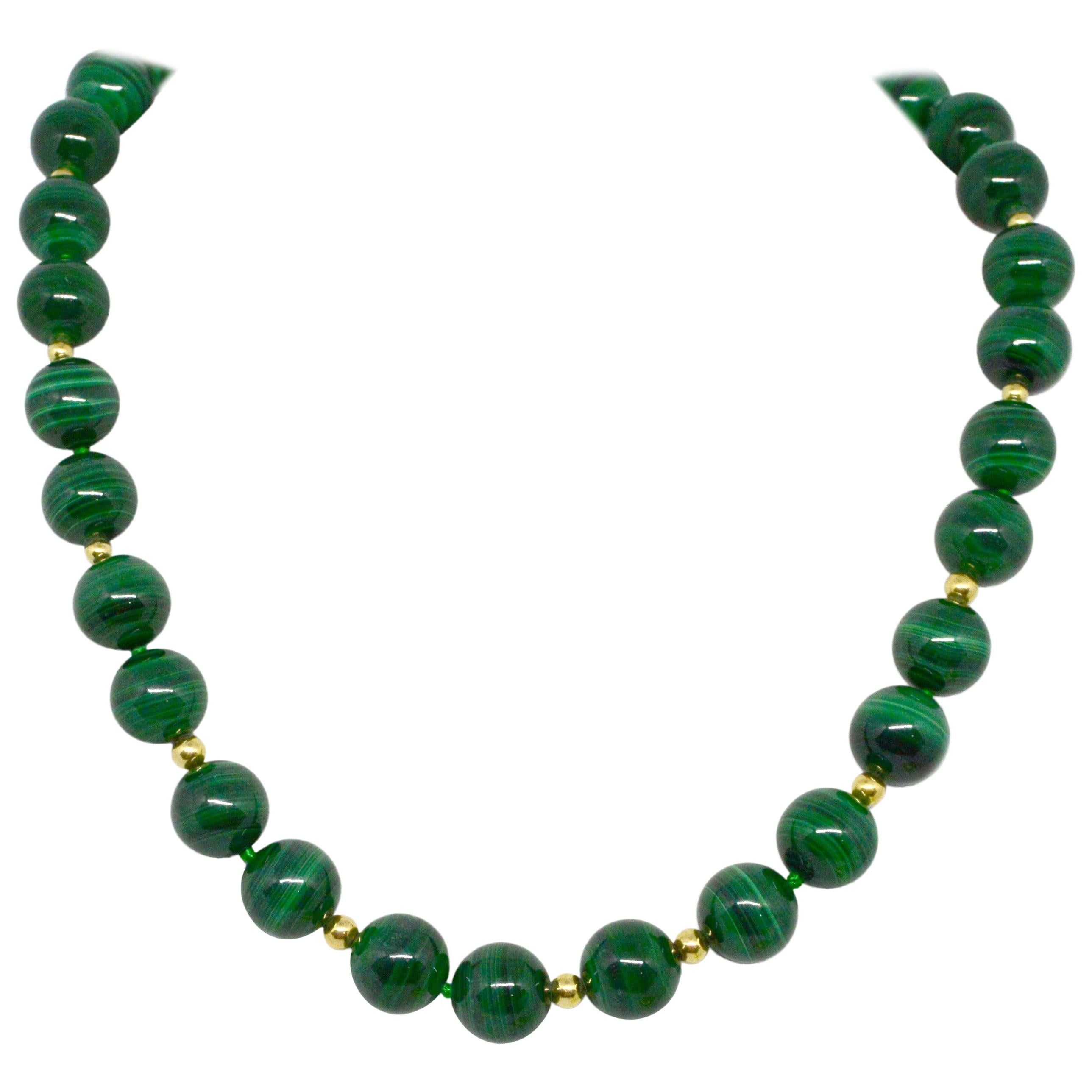 Decadent Jewels Malachite Polished High Grade Spheres Gold Necklace