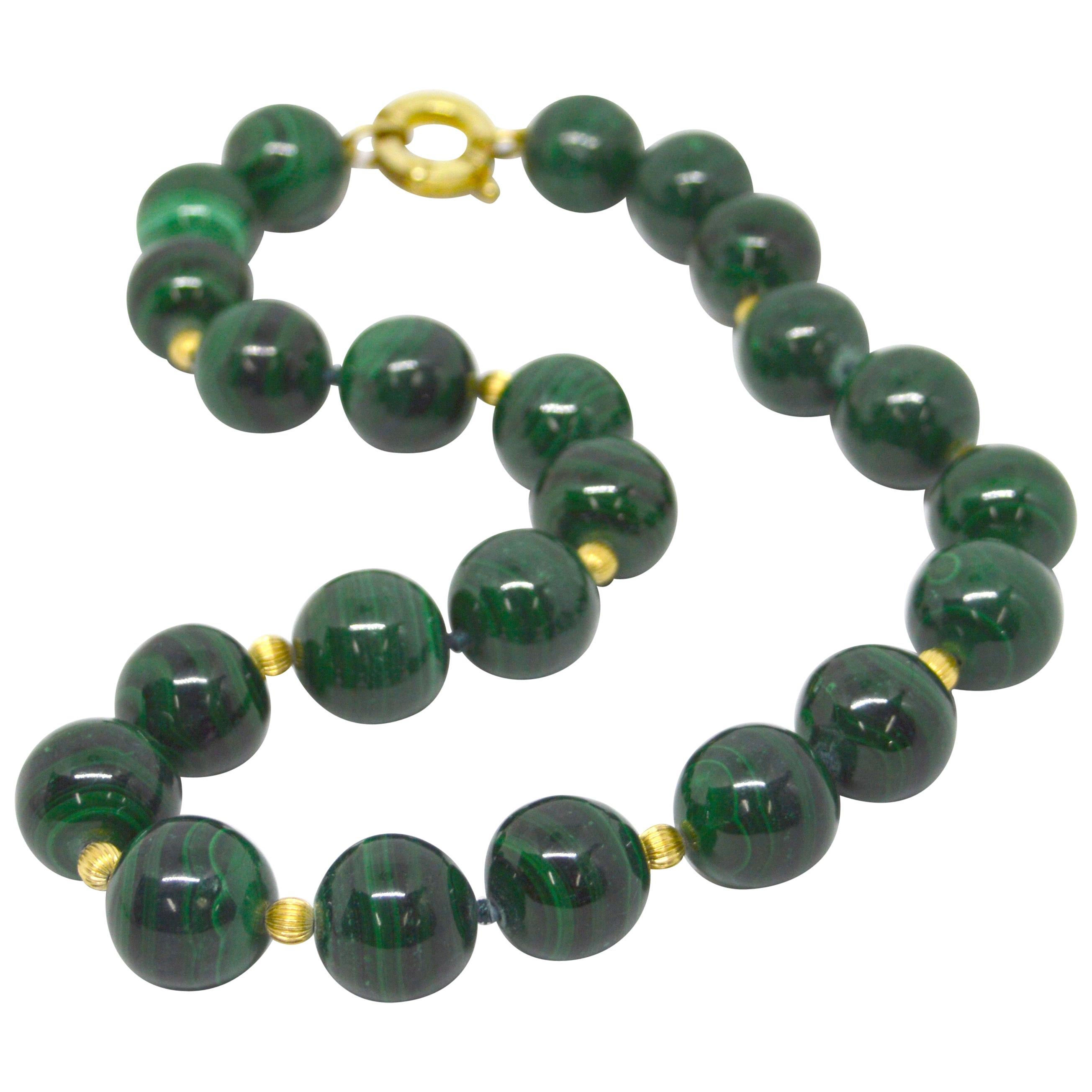 Decadent Jewels Malachite Polished High Grade Spheres Gold Necklace