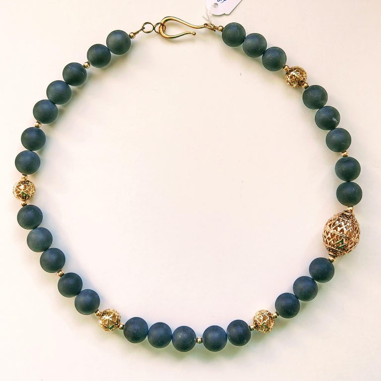 Decadent Jewels Matt Black Onyx Filigree Gold Bead Necklace For Sale at
