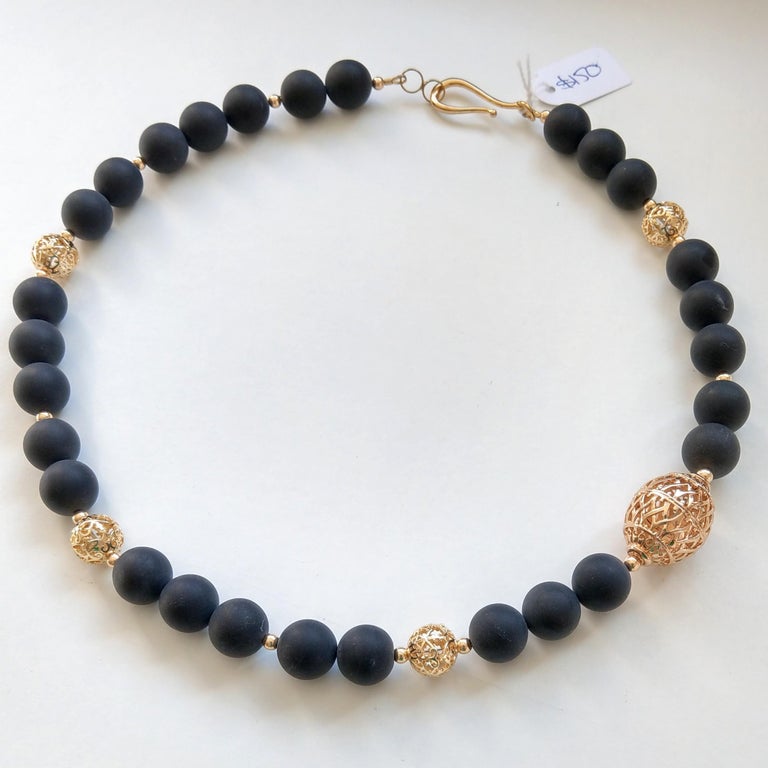 Decadent Jewels Matt Black Onyx Filigree Gold Bead Necklace For Sale at