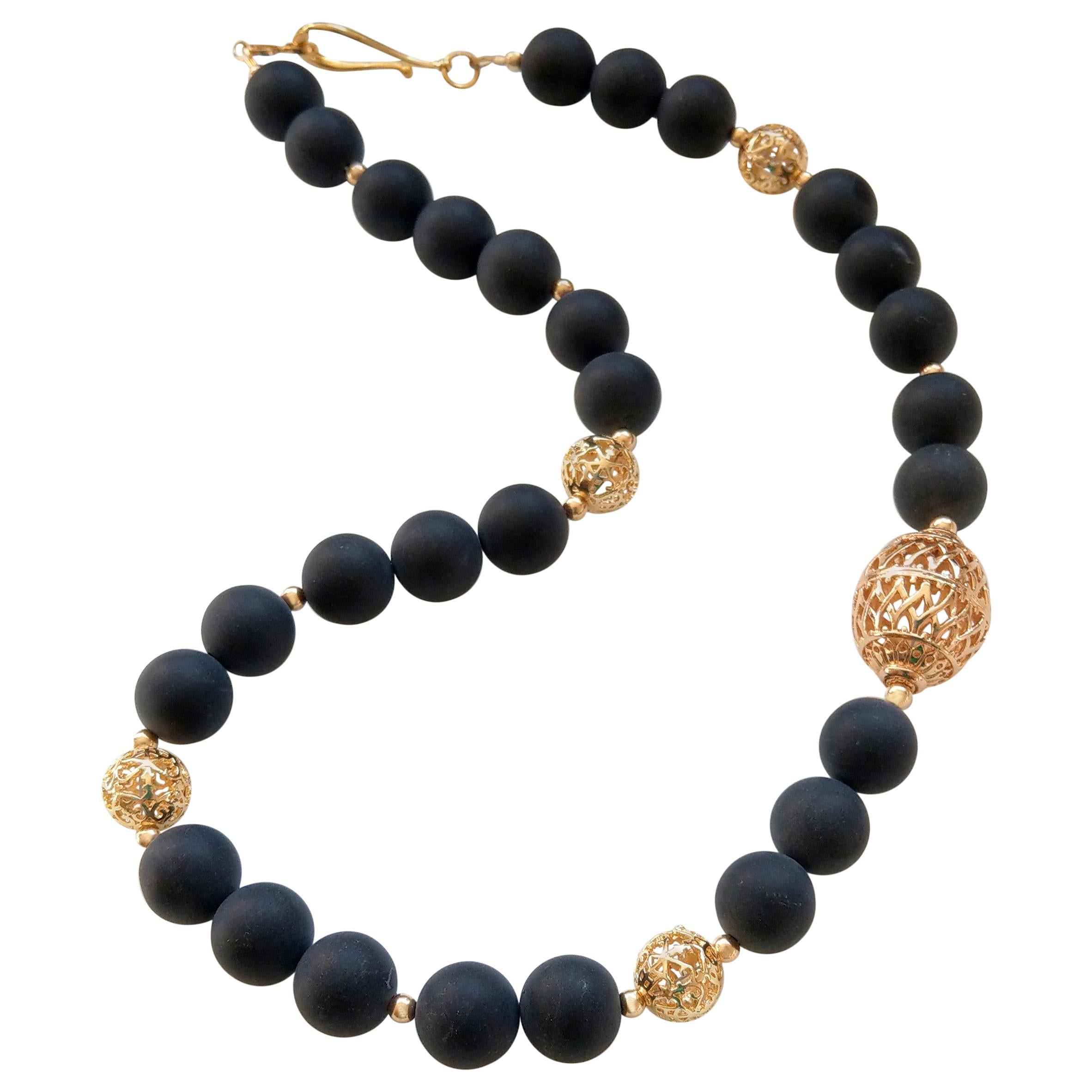 Decadent Jewels Matt Black Onyx Filigree Gold Bead Necklace