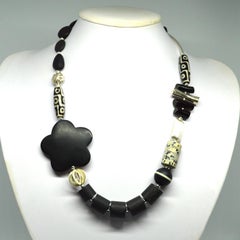 Decadent Jewels Matt Black Onyx Tibetan Agate Dalmation Jasper Silver Necklace