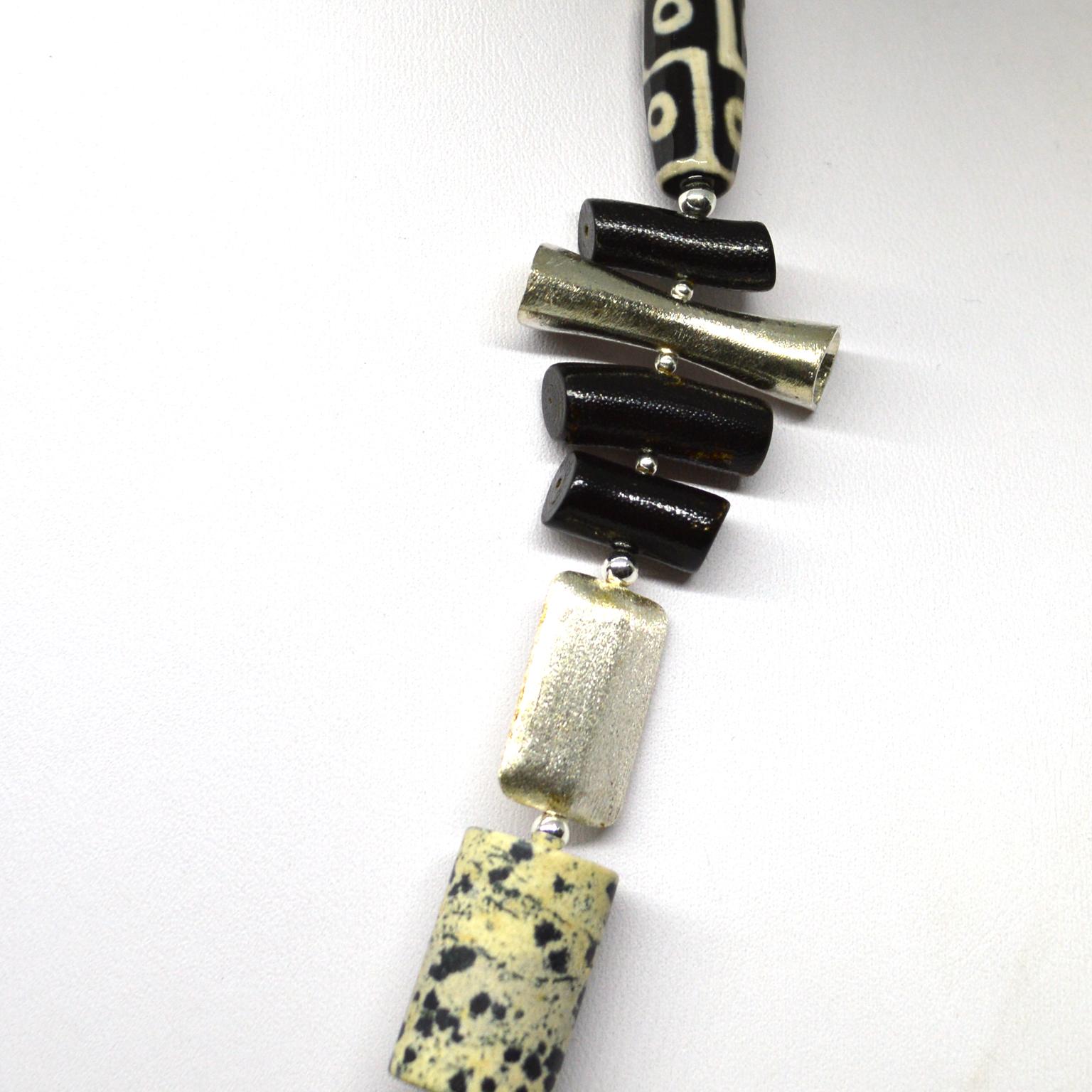 Artisan Decadent Jewels Matt Black Onyx Tibetan Agate Dalmation Jasper Silver Necklace