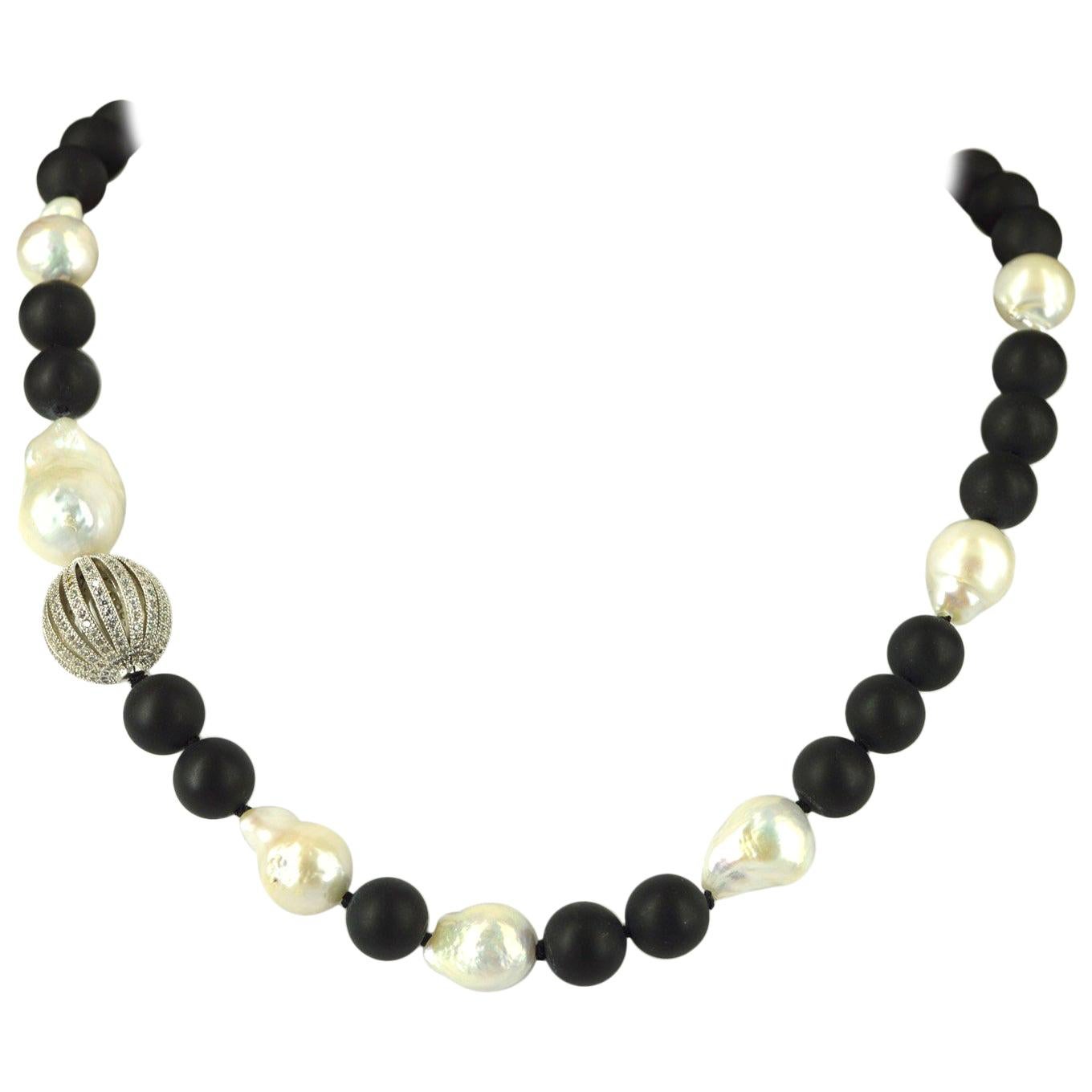 Decadent Jewels Matt Onyx Fresh Water Pearl CZ Sterling Silver Necklace