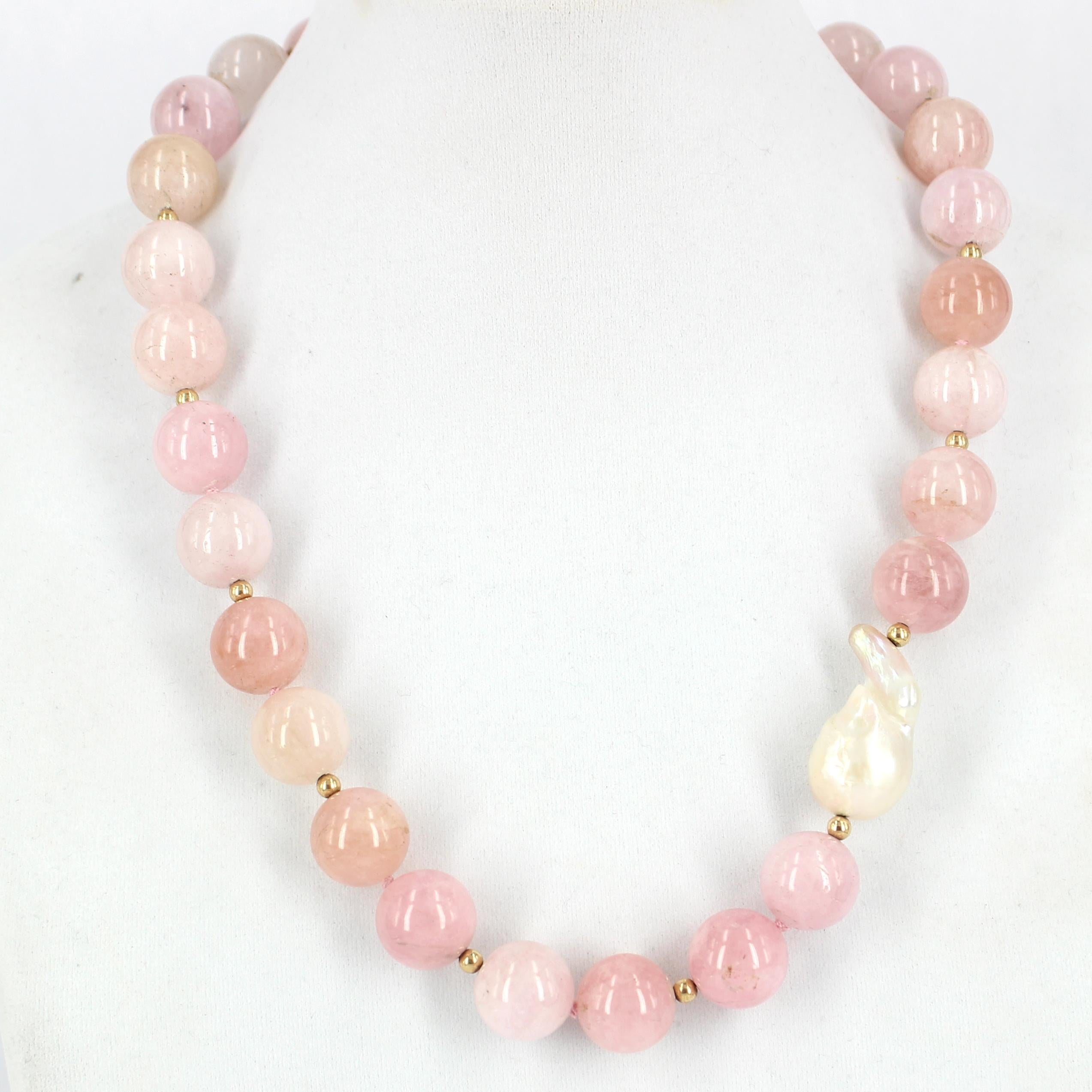 A classic look that never gets outdated consists of 25 x Polished Morganite Round Beads highlighted with off-centre Fresh Water Baroque Pearl finished with Gold Plated 
