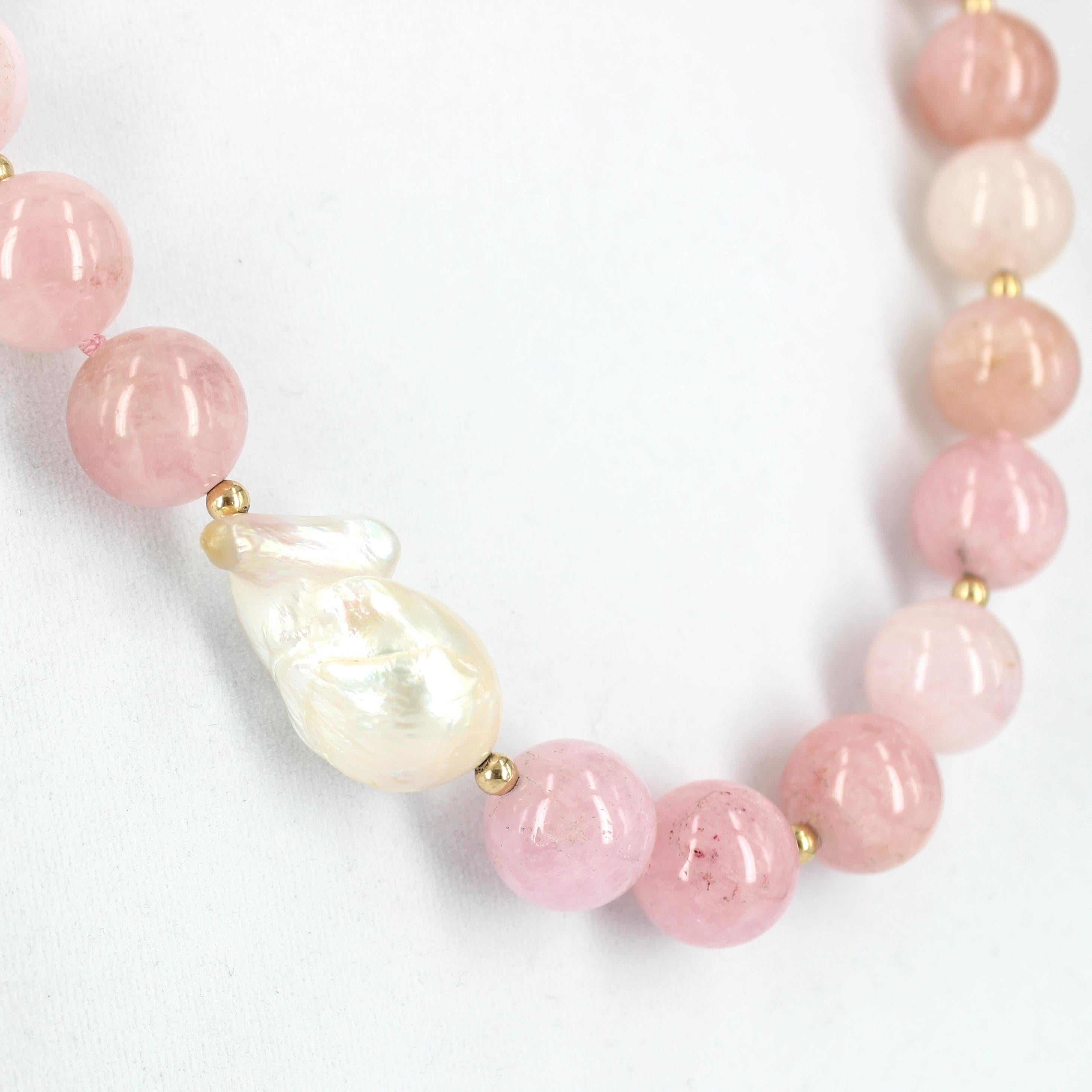 Modern Decadent Jewels Morganite with Off-Centre Baroque Pearl Gold Necklace