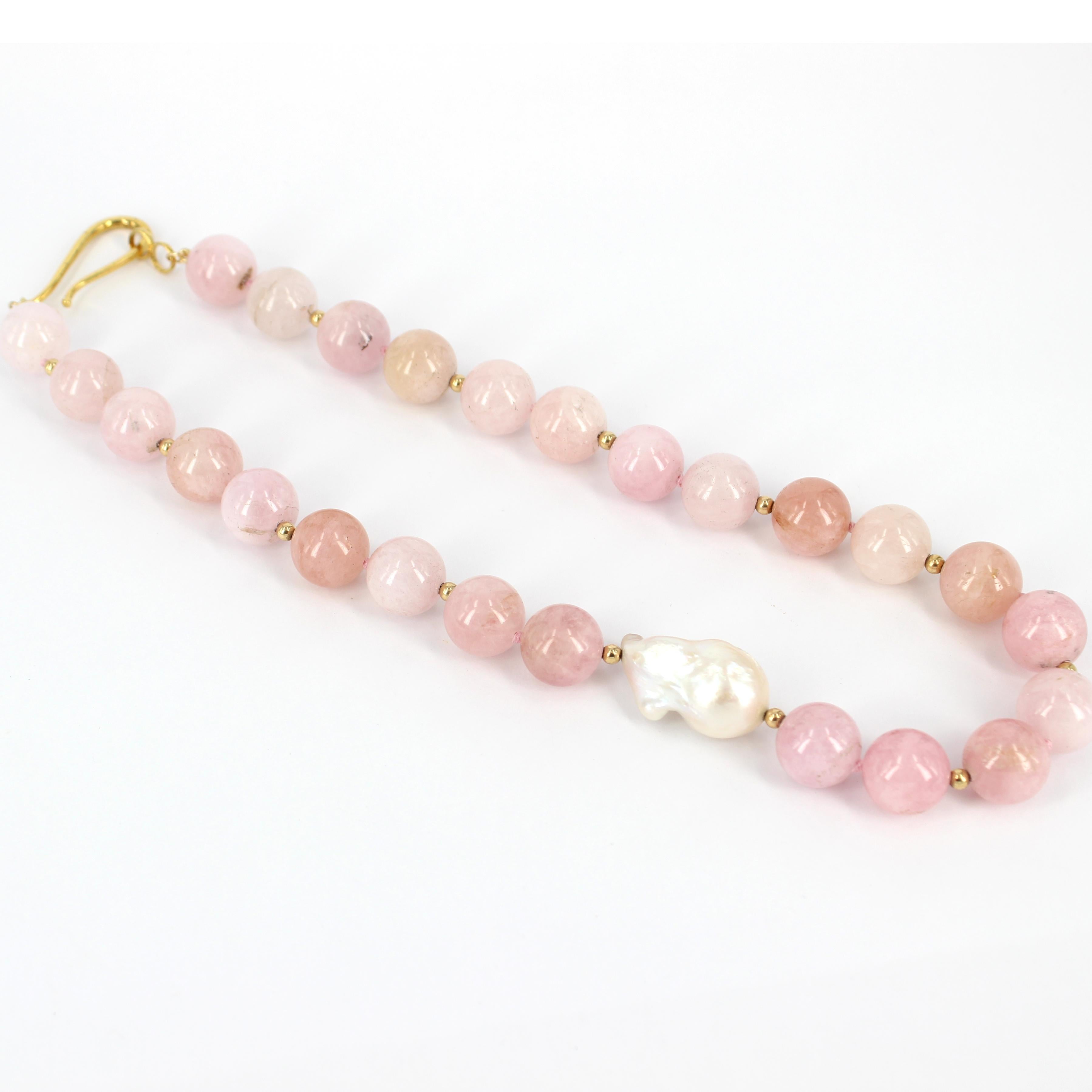 Round Cut Decadent Jewels Morganite with Off-Centre Baroque Pearl Gold Necklace