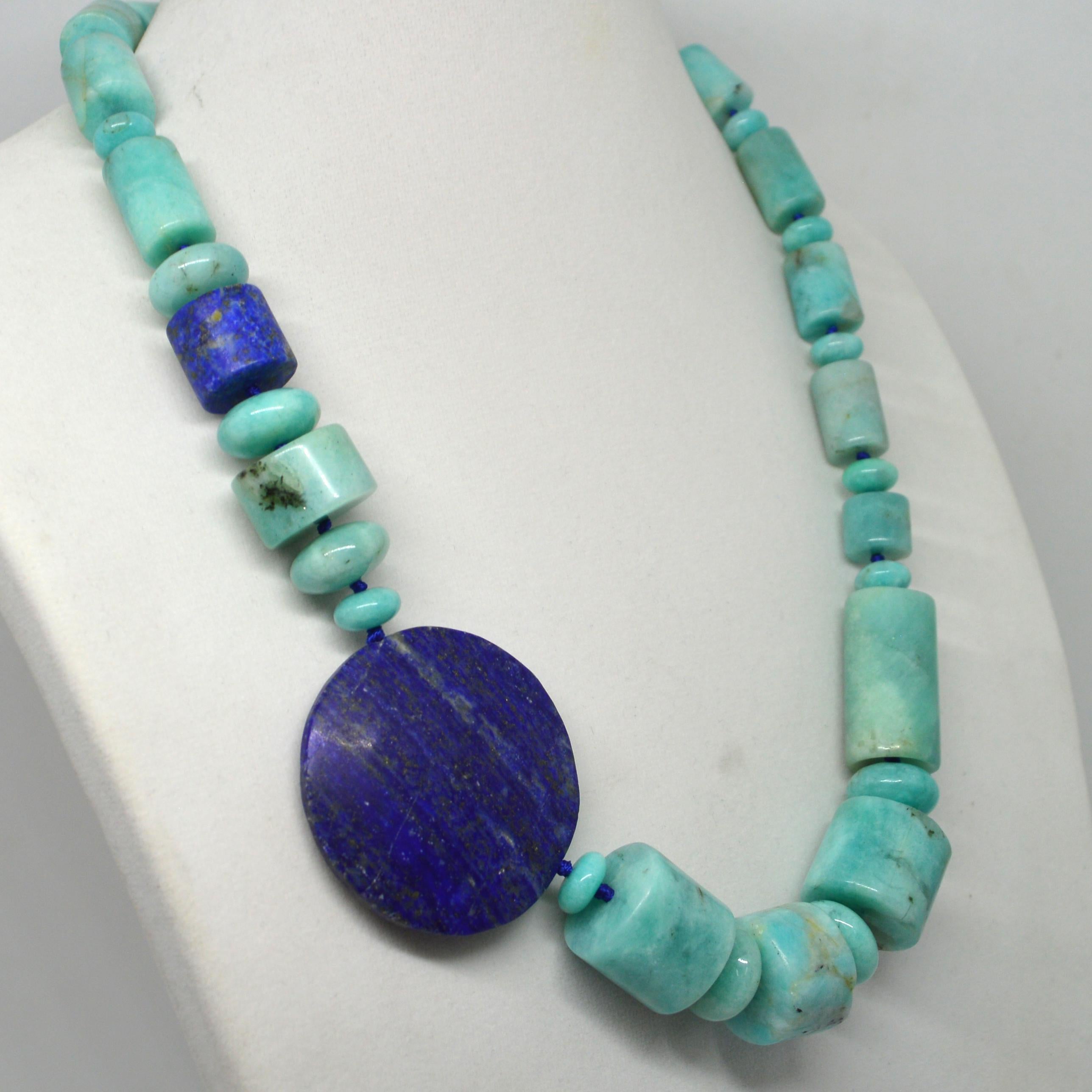 Bead Decadent Jewels Natural Amazonite Lapis Lazuli Silver Necklace For Sale