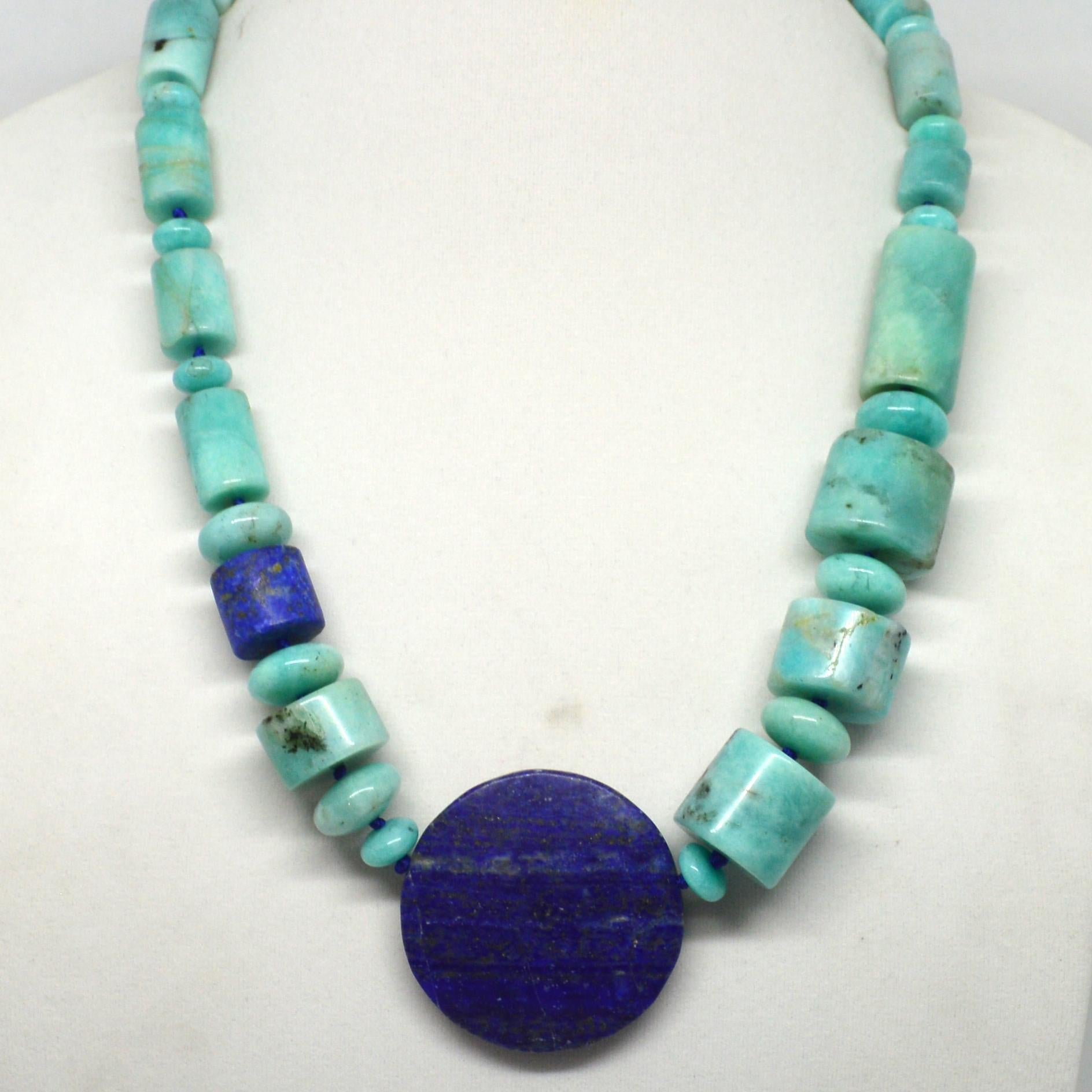 Decadent Jewels Natural Amazonite Lapis Lazuli Silver Necklace In New Condition For Sale In Sydney, AU