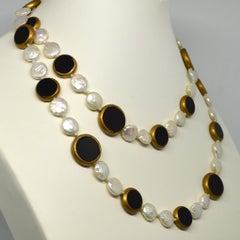 Decadent Jewels Onyx and Fresh Water Pearl in Copper Long Necklace