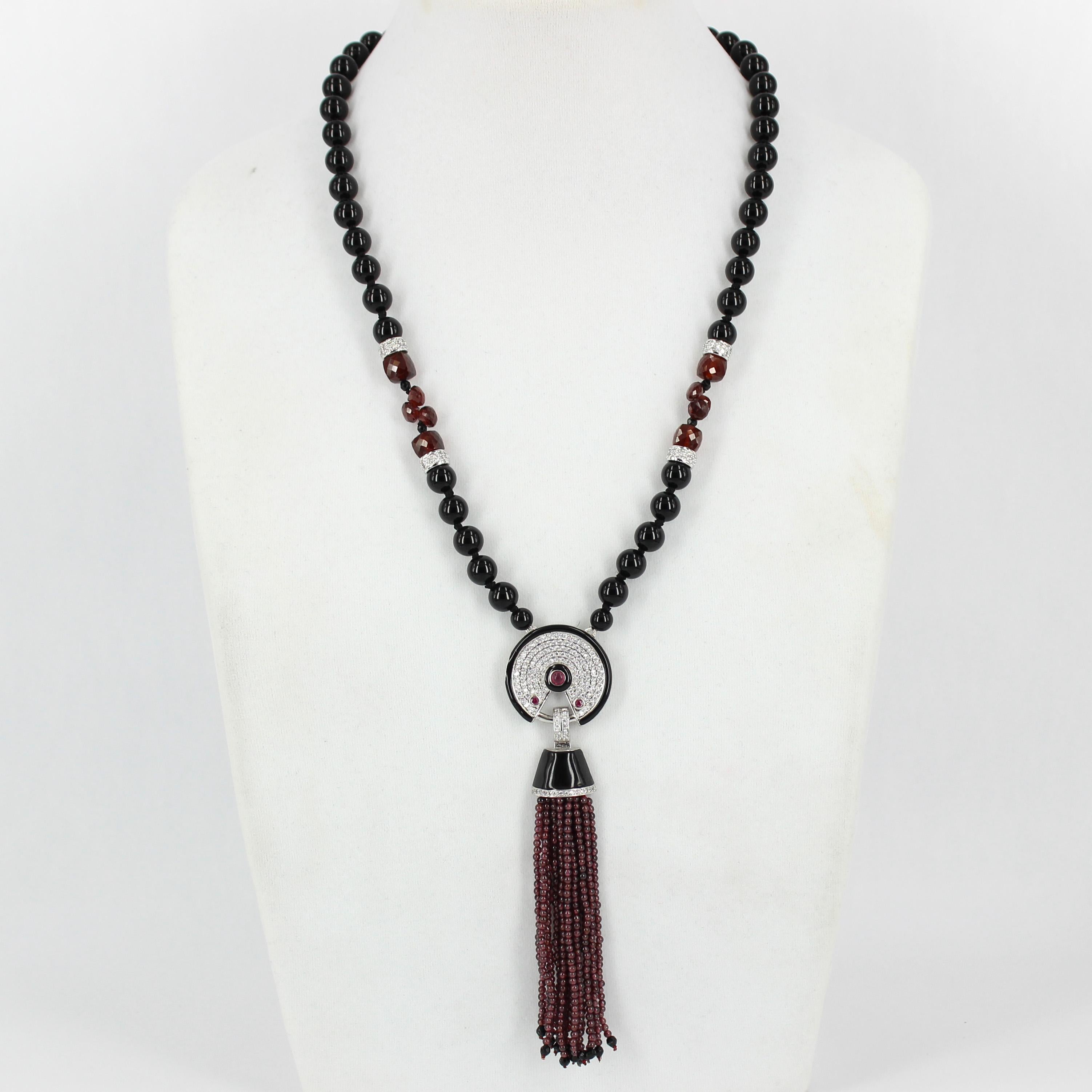 Art Deco Decadent Jewels Onyx and Garnet Tassel Necklace For Sale