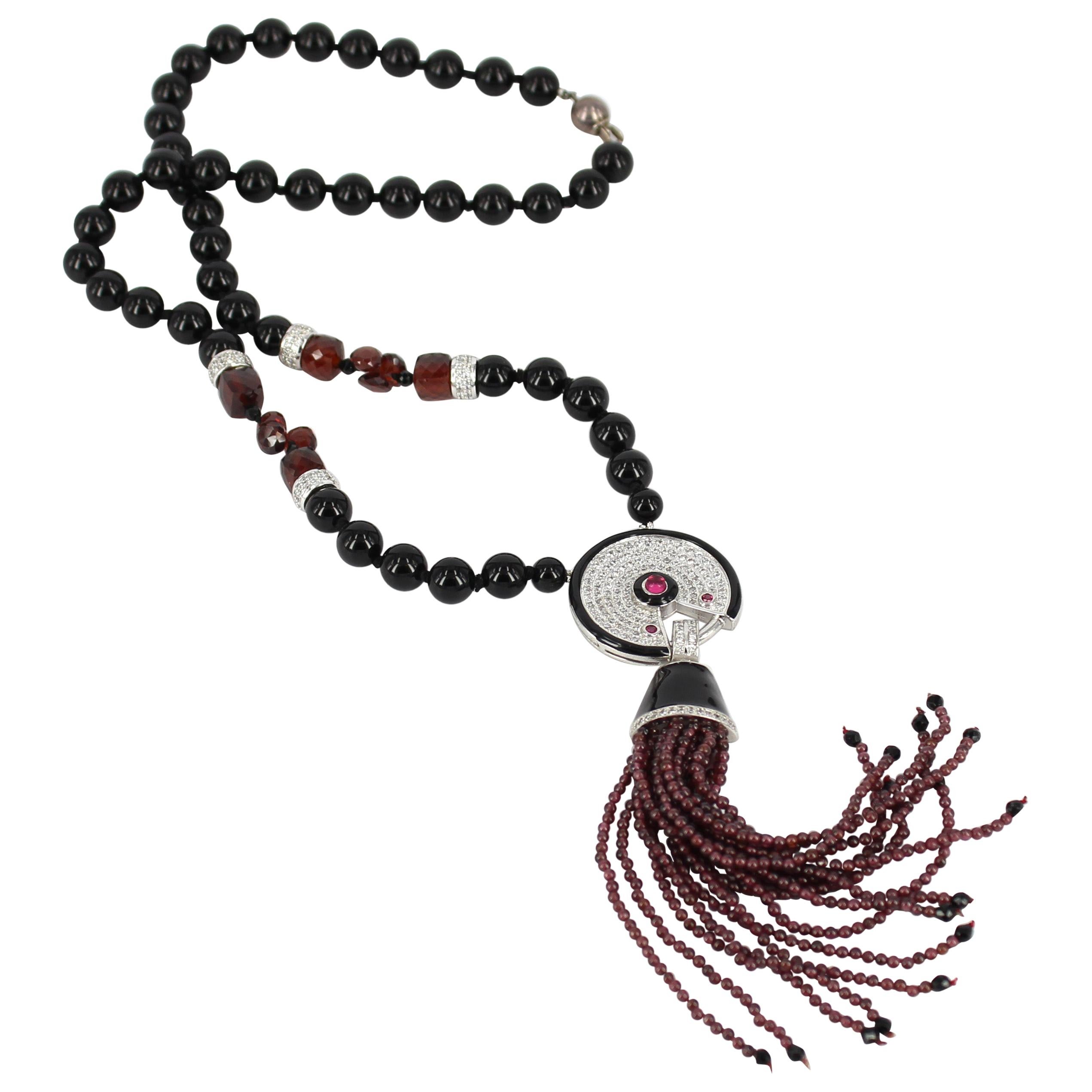 Decadent Jewels Onyx and Garnet Tassel Necklace For Sale