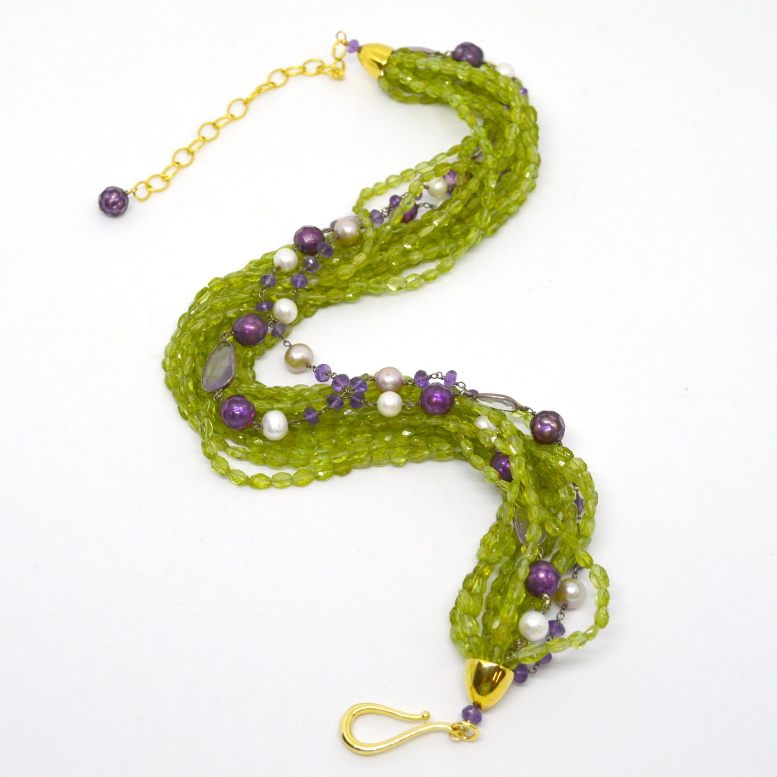Decadent Jewels Peridot Amethyst Pearl Gold Torsade Necklace In New Condition In Sydney, AU
