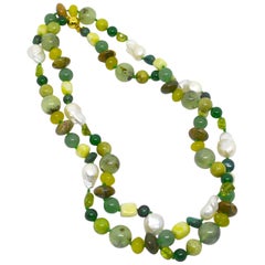 Decadent Jewels Peridot Prehnite Garnet Turquoise Jade Pearl Long Gold Necklace