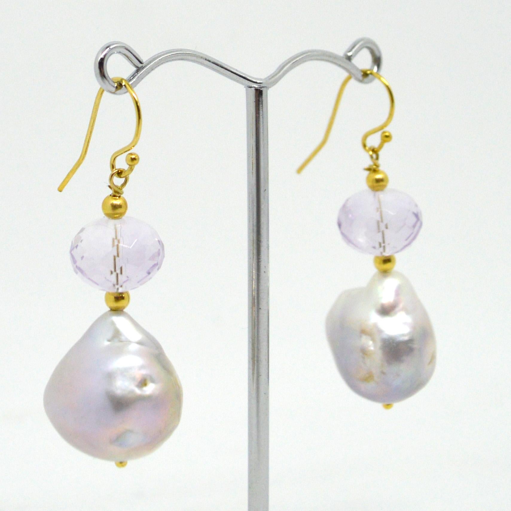 Contemporary Decadent Jewels Pink Amethyst Baroque Pearl Gold Earrings For Sale
