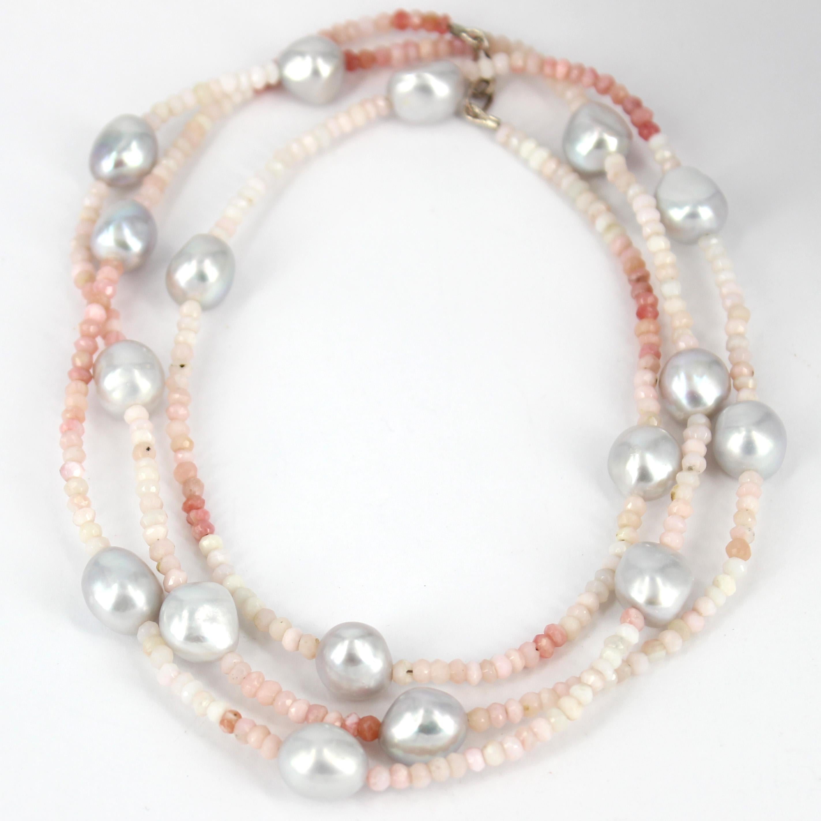 Out in a hurry just throw this simple necklace on and look elegant, you can wear it as a single strand or wrap it around your neck for a double layer effect, this Faceted Pink Opal, is complemented with Lite Grey Fresh Water Pearls, finished with