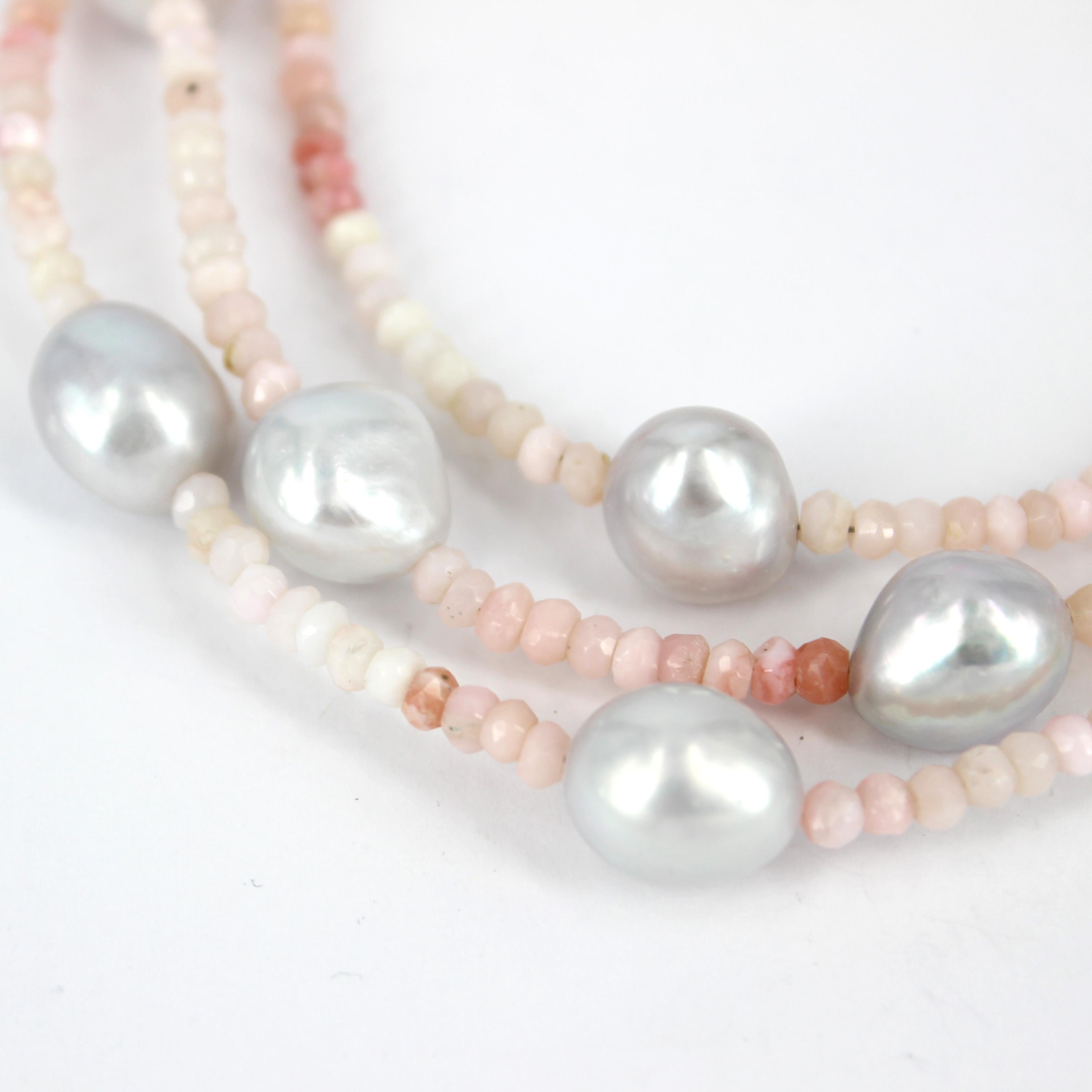 Modern Decadent Jewels Pink Opal Grey Fresh Water Pearl Silver Necklace For Sale