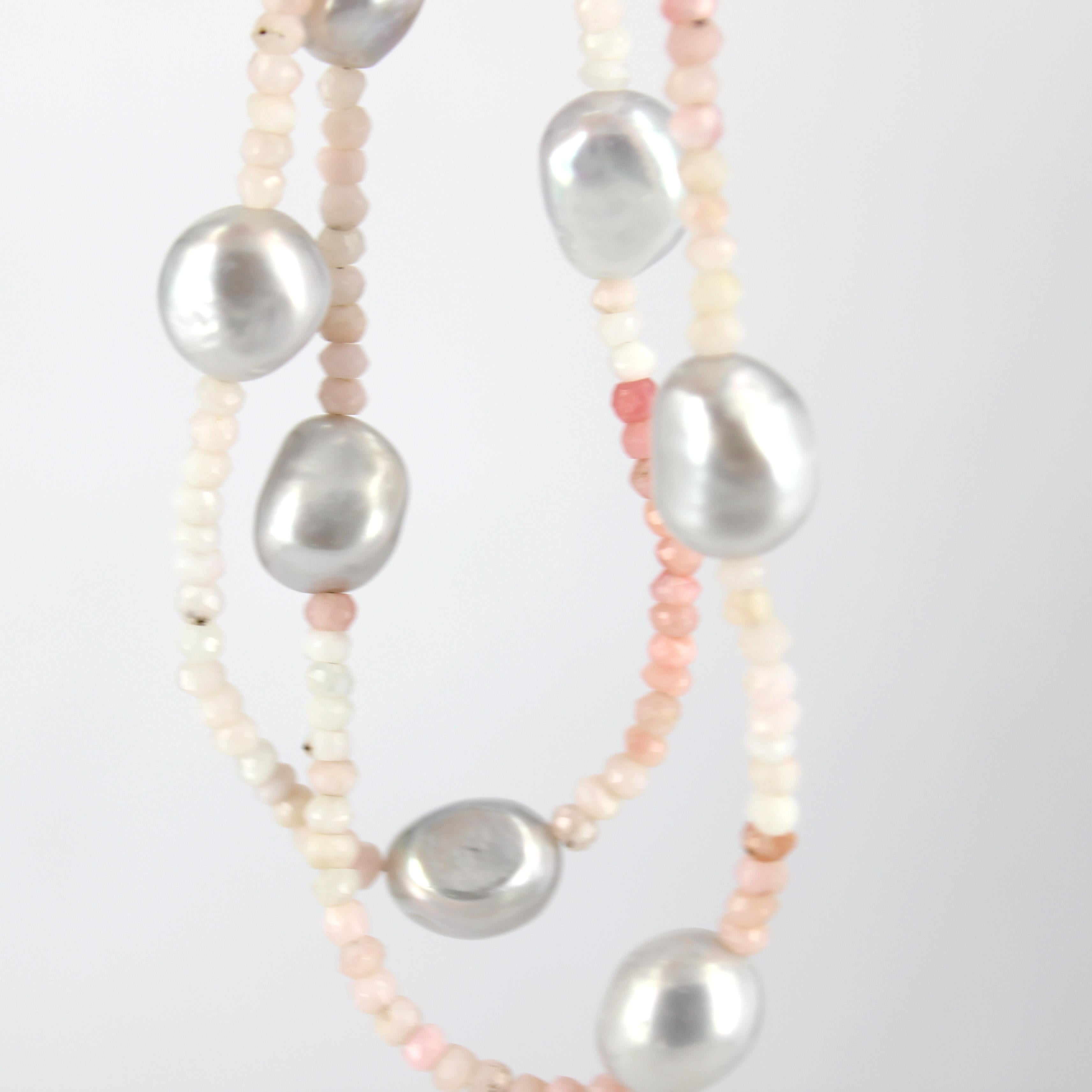 Bead Decadent Jewels Pink Opal Grey Fresh Water Pearl Silver Necklace For Sale