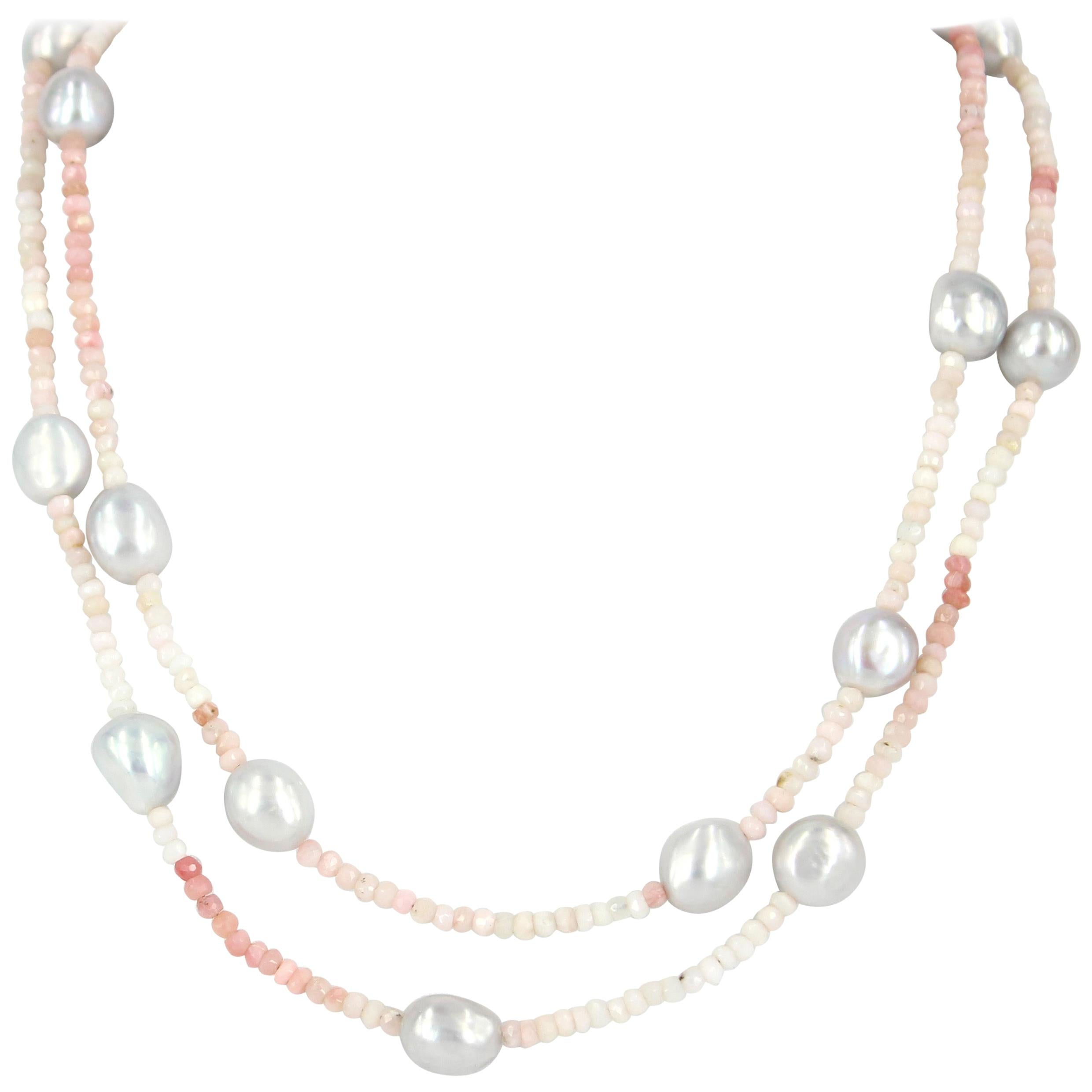 Decadent Jewels Pink Opal Grey Fresh Water Pearl Silver Necklace For Sale