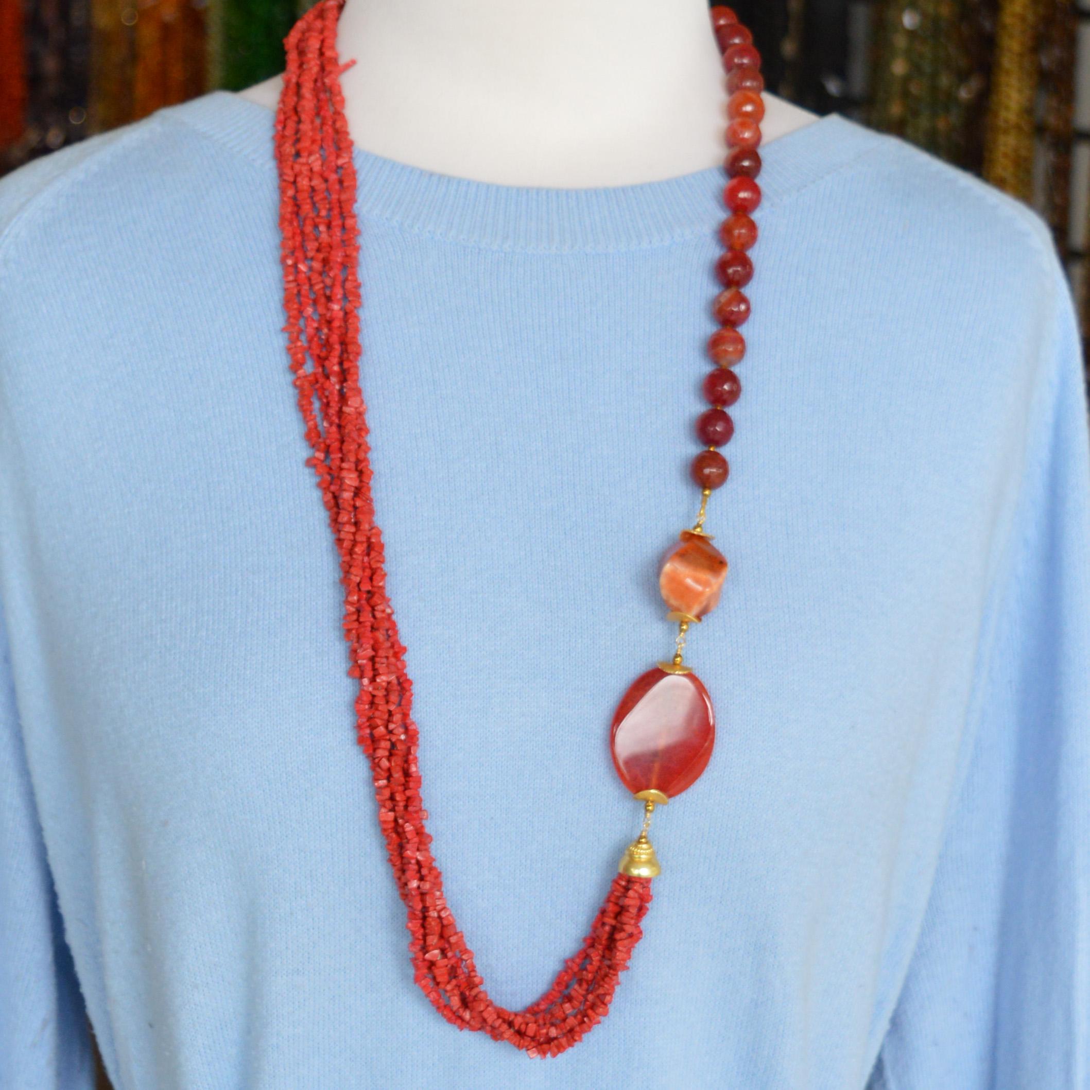 Modern Decadent Jewels Red Bamboo Agate Gold Necklace