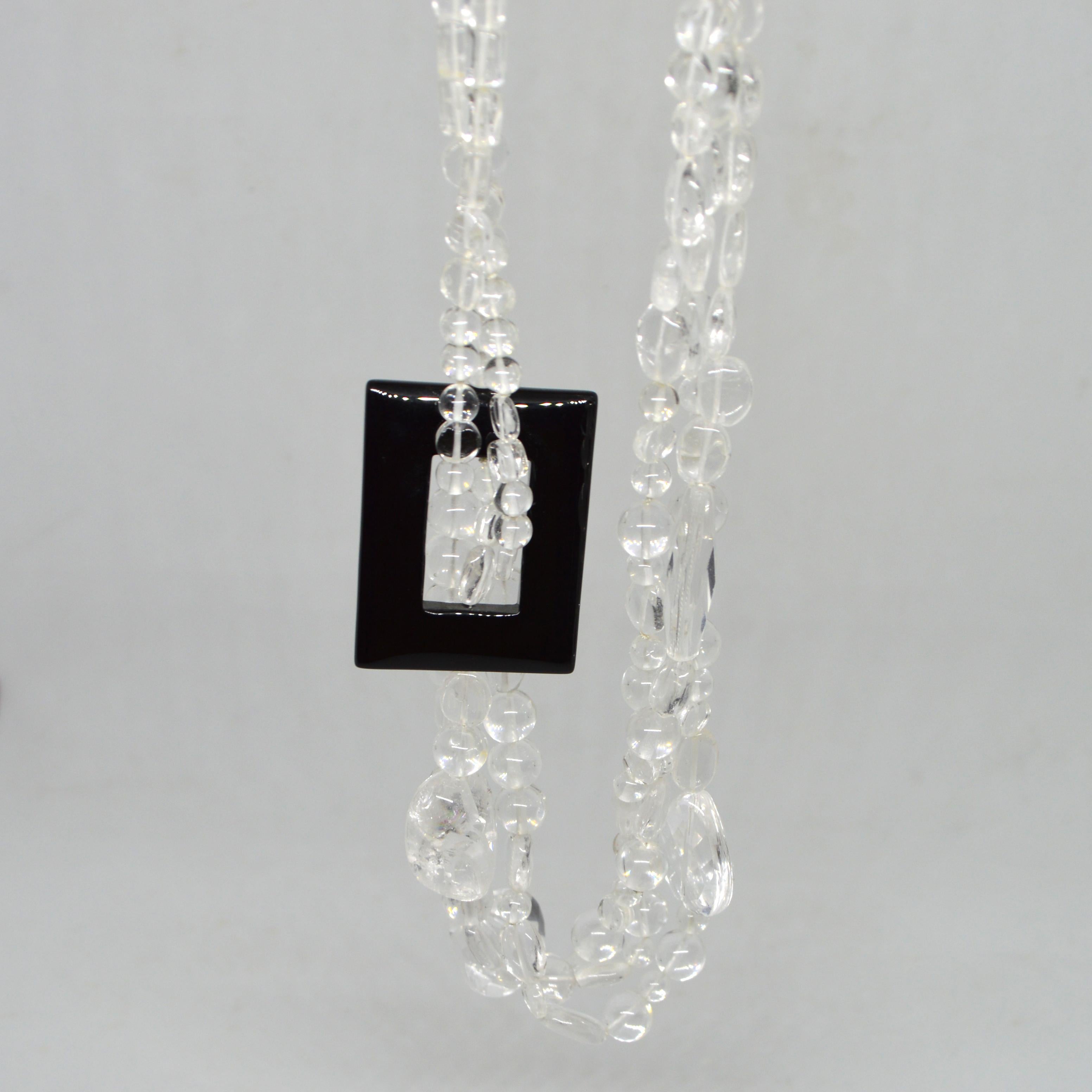 Modern Decadent Jewels Rock Crystal Clear Quartz Black Agate Silver Torsade Necklace For Sale