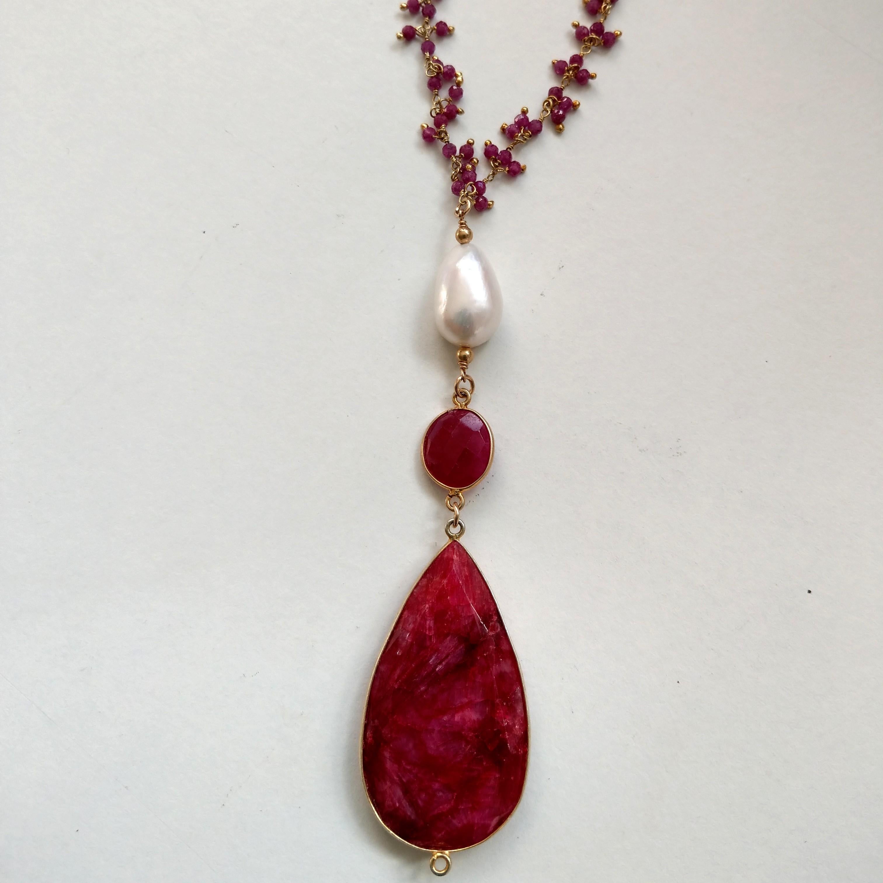 Modern Decadent Jewels Ruby Baroque Pearl Gold Pendant Necklace