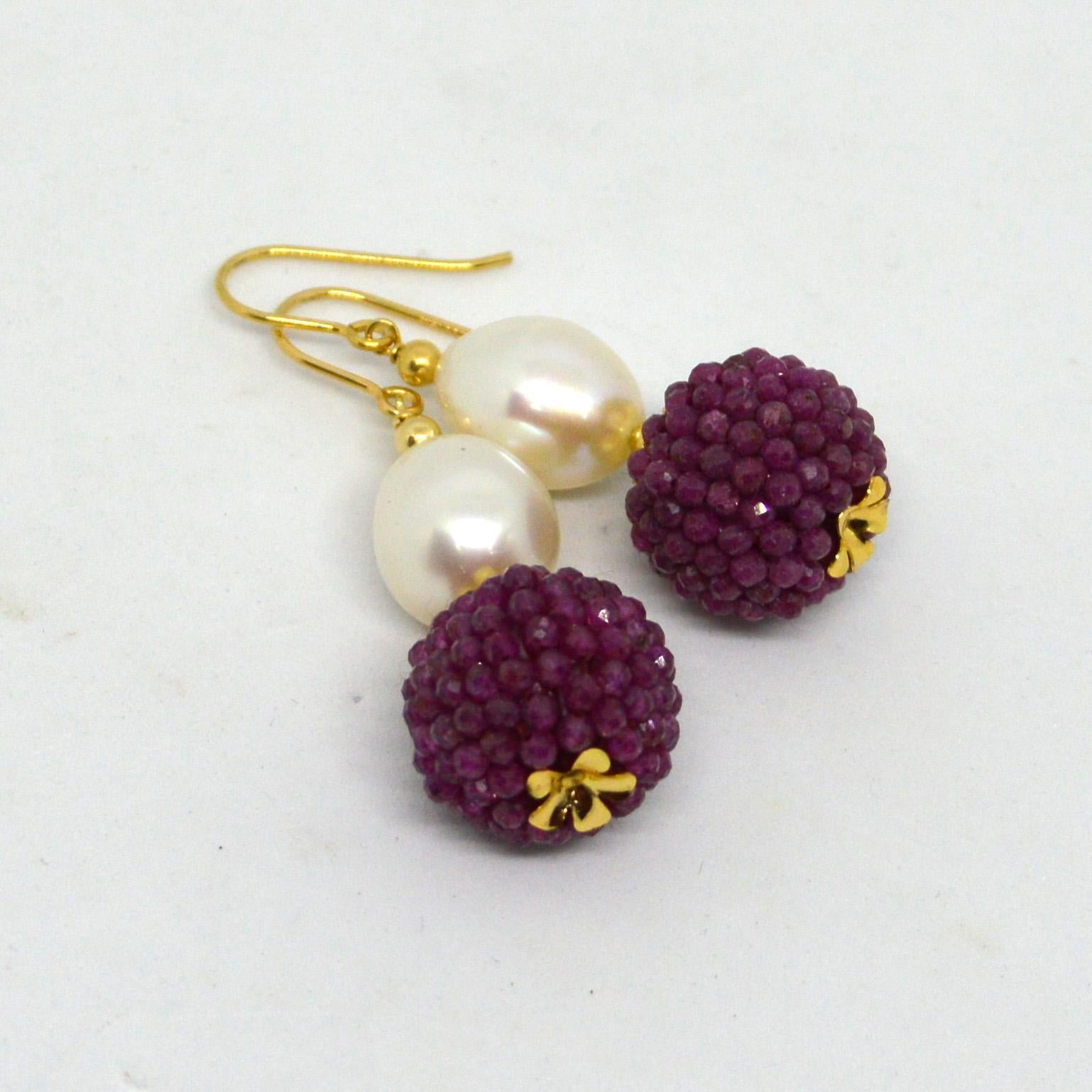 Contemporary Decadent Jewels Ruby Fresh Water Pearl Gold Drop Earrings For Sale