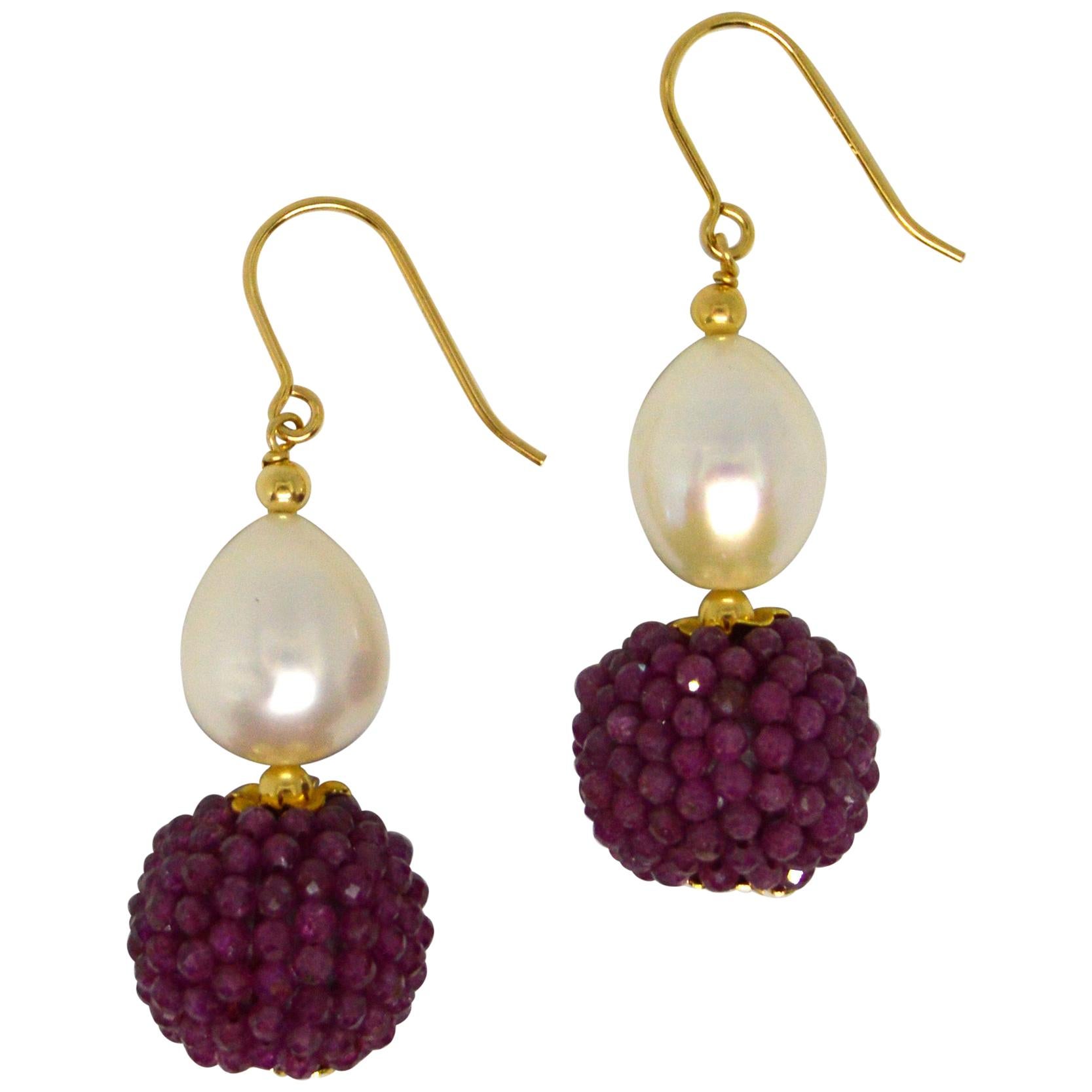 Decadent Jewels Ruby Fresh Water Pearl Gold Drop Earrings For Sale