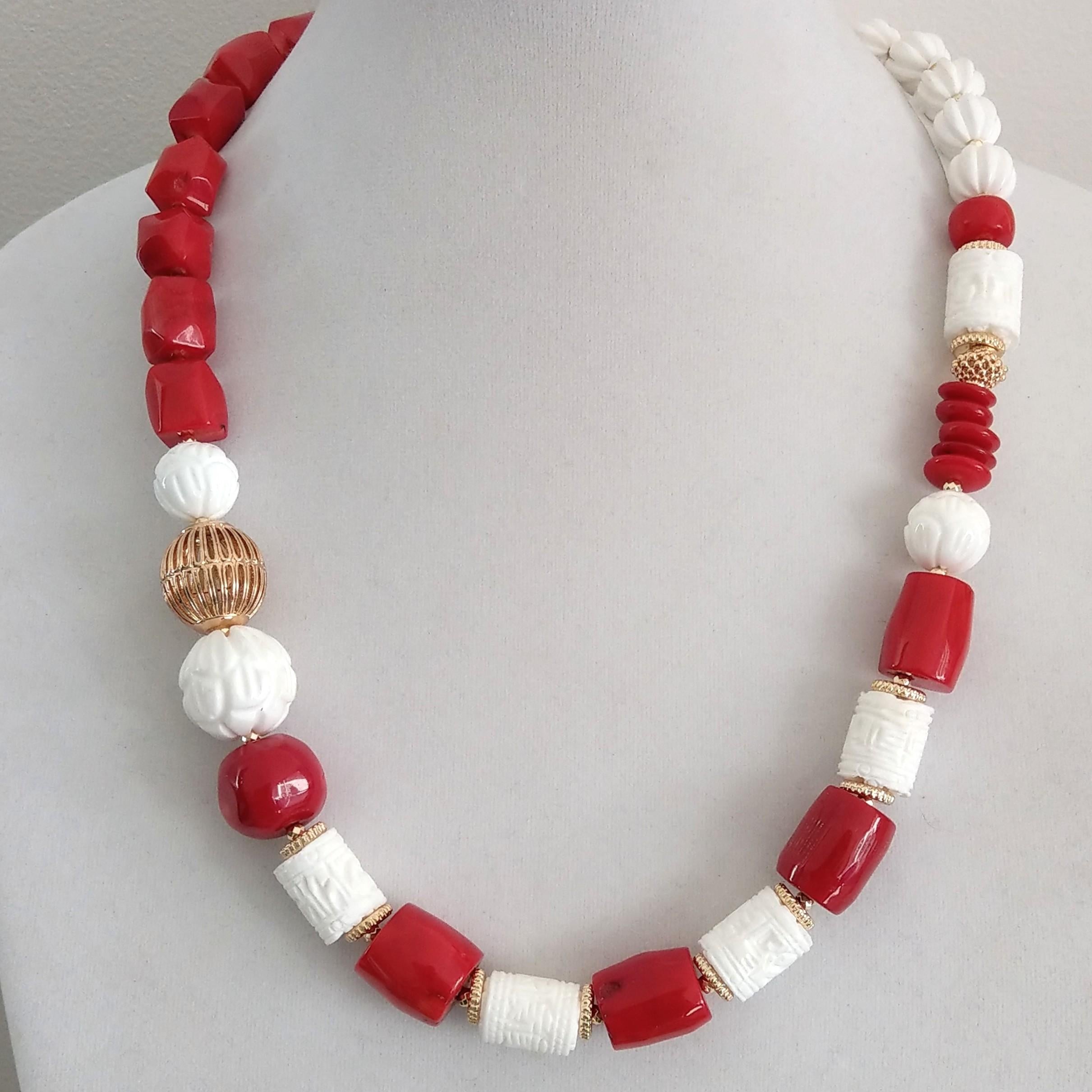 Fit for Summer this statement Red Sea Bamboo Coral and Carved Giant Clam shell beads Necklace can be worn day or night.
necklace features a 18mm, 14mm, 12mm and 15x12mm tube beads carved Giant Clam Shell
Red Sea Bamboo Coral beads 17mm,  12x12mm and