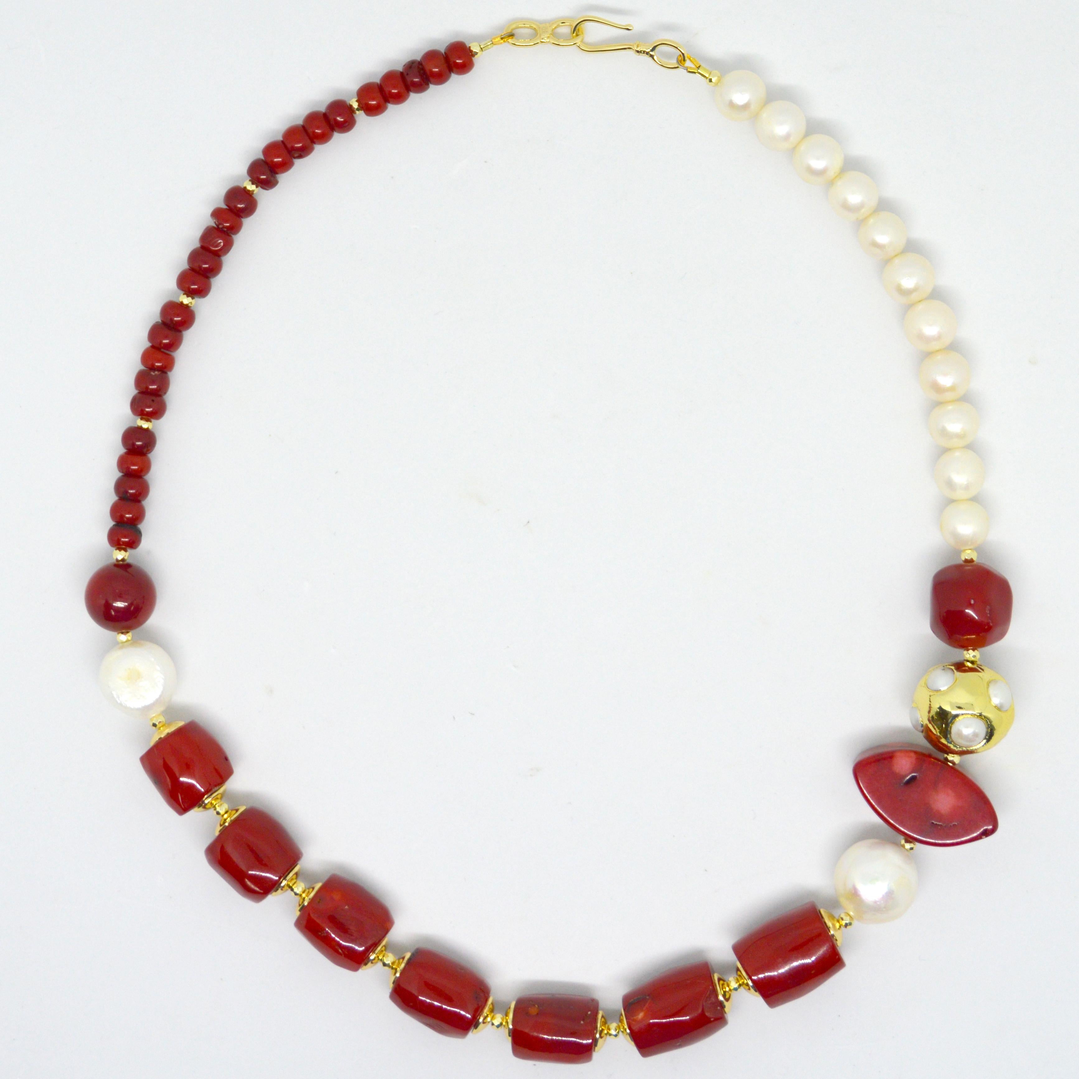 Fit for Summer this statement Red Sea Bamboo and natural Freshwater Pearl Necklace can be worn day or night.
necklace features a 22mm Gold plate Brass fresh water Pearl set bead
2 large Baroque Fresh Water Pearls 16mm and 18mm
Red Sea Bamboo up to