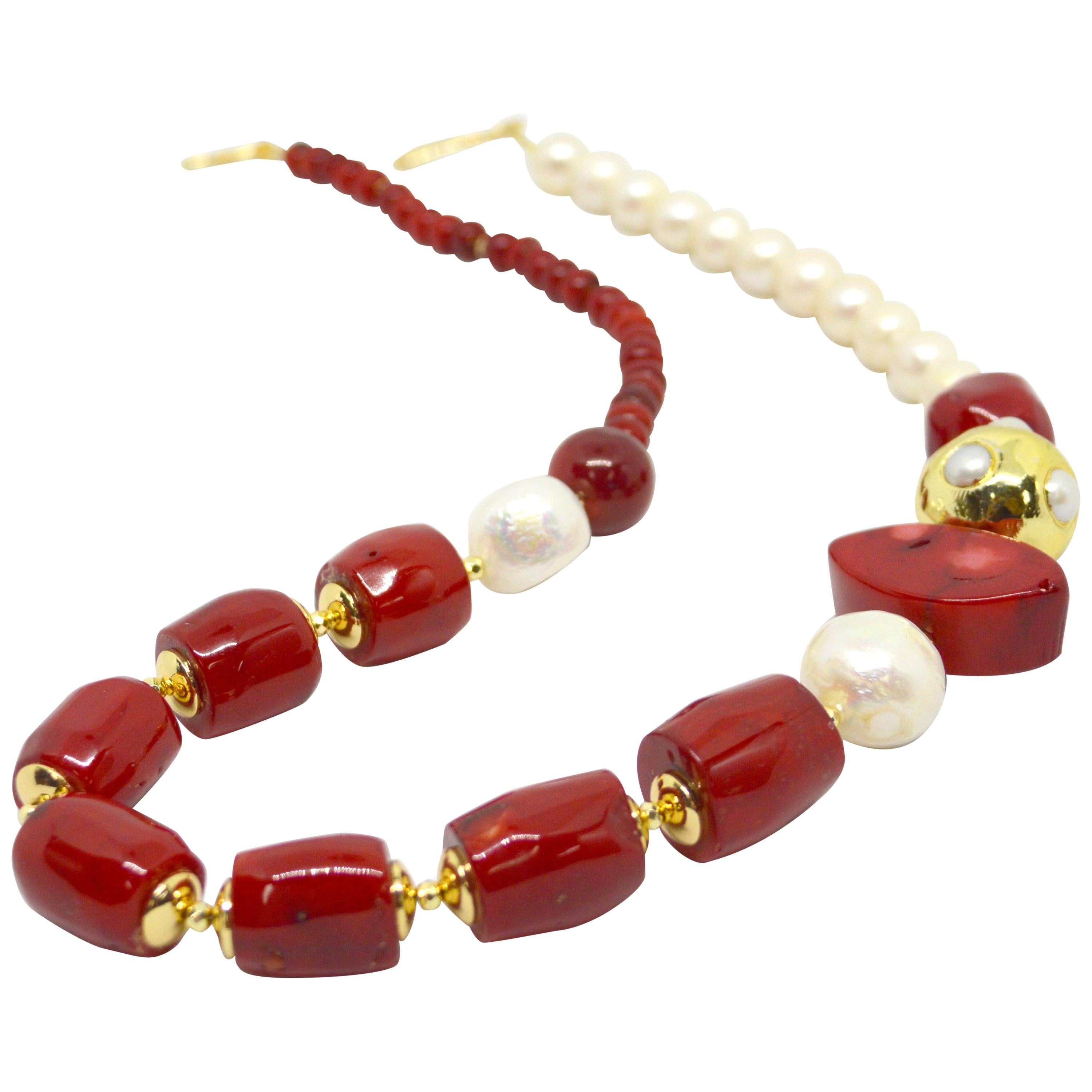 Decadent Jewels Sea Bamboo and Fresh Water Pearl Gold Necklace For Sale