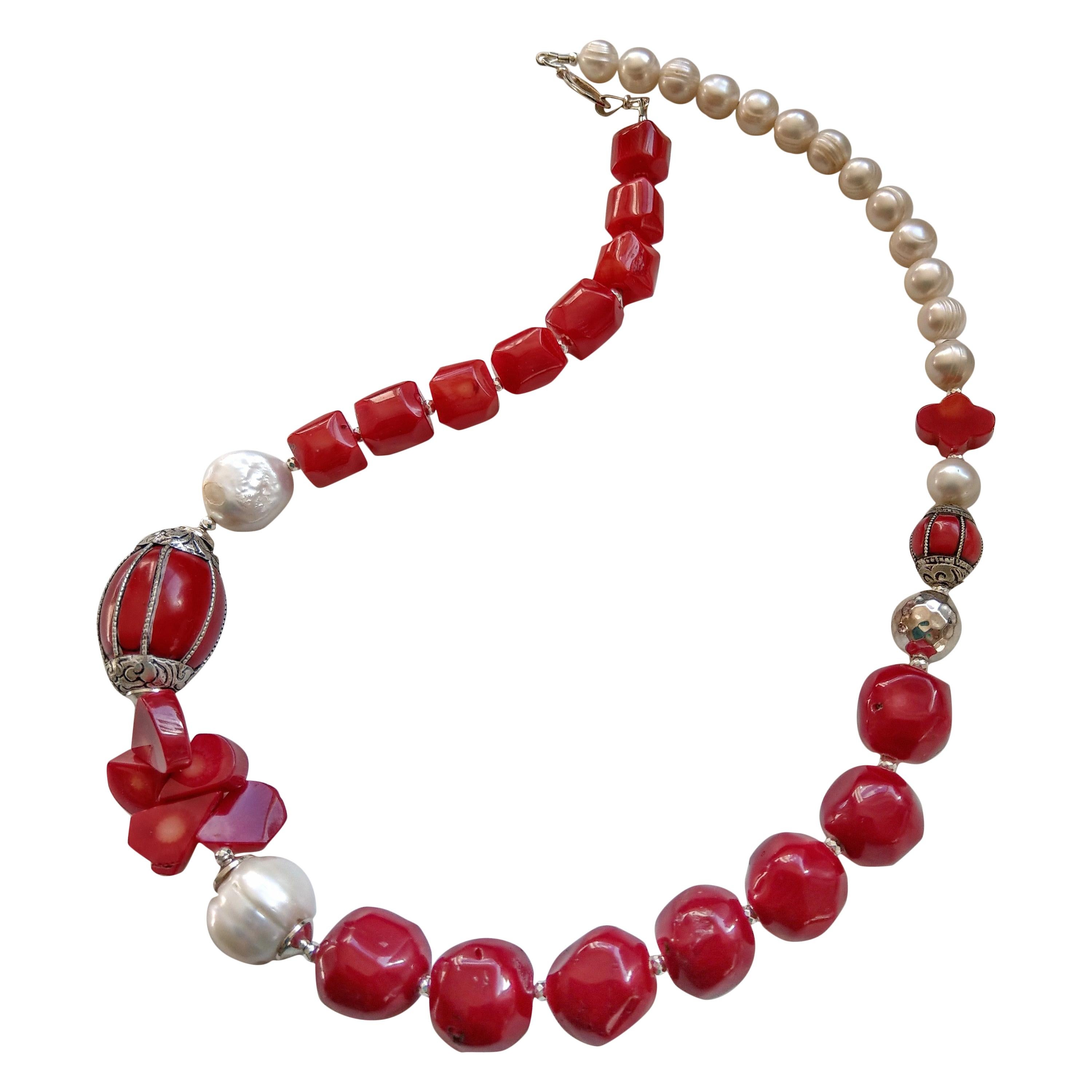 Decadent Jewels Sea Bamboo and Fresh Water Pearl Sterling Silver Necklace For Sale