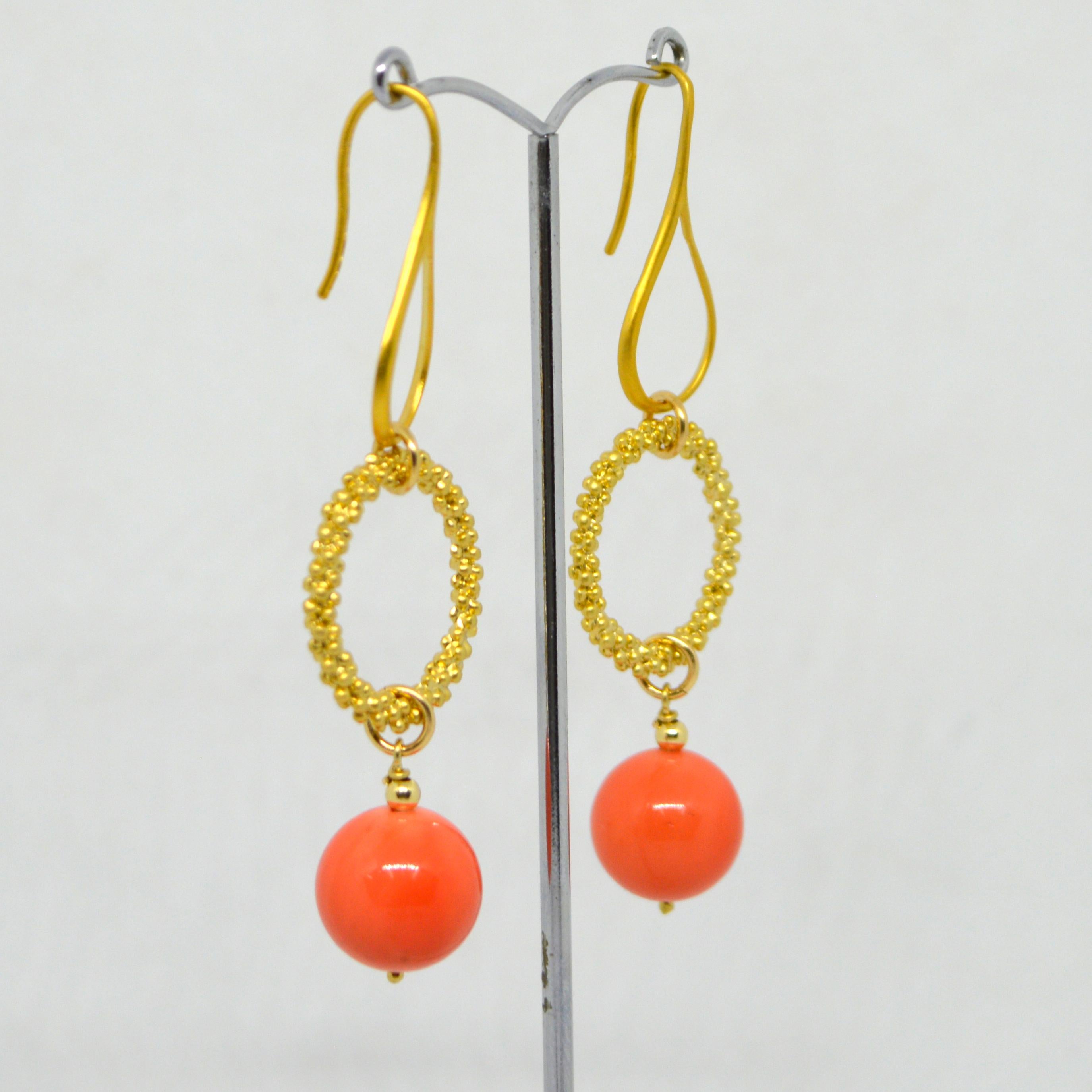 Modern Decadent Jewels Shell Based Pearl Apricot Sphere Gold Plated Earrings For Sale