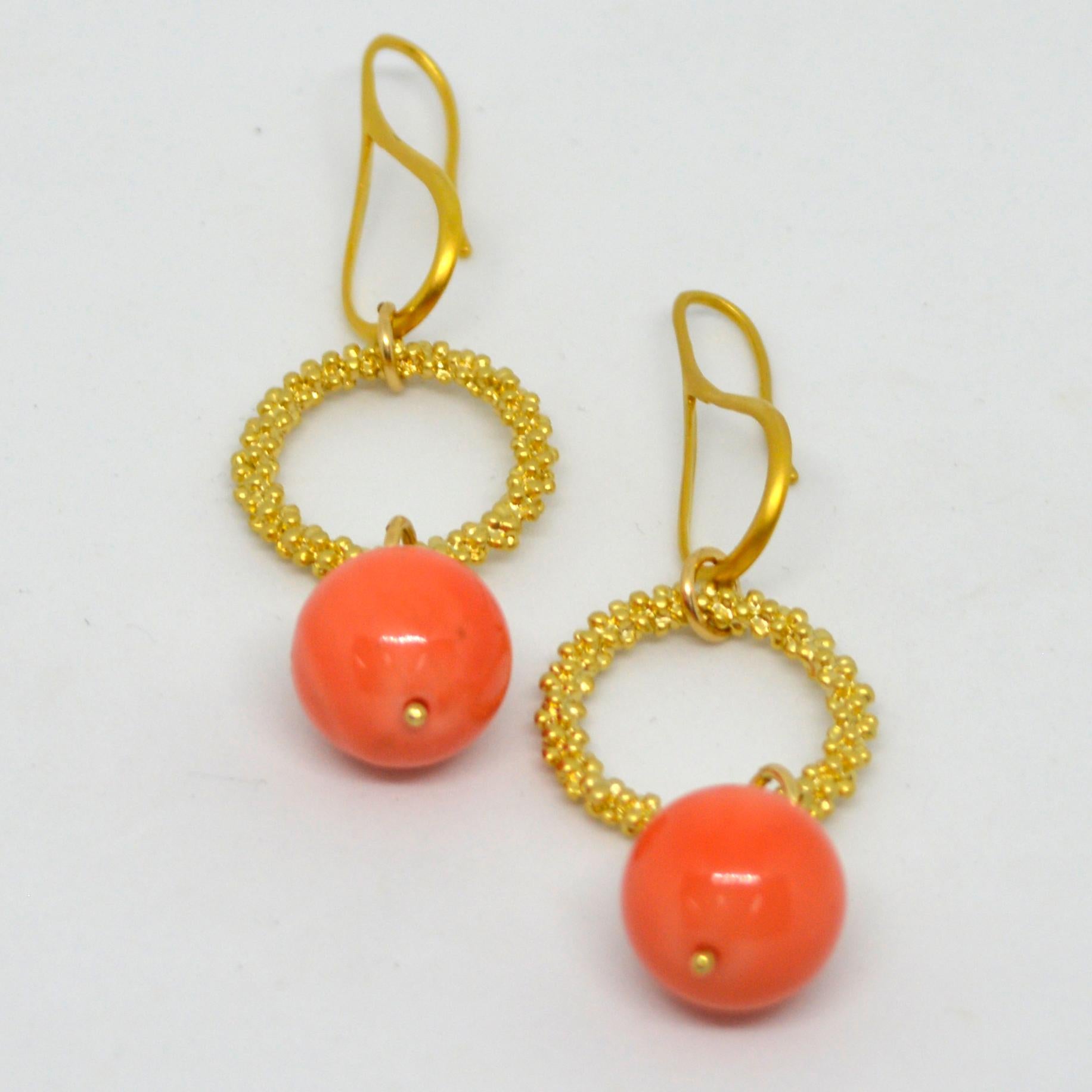 Round Cut Decadent Jewels Shell Based Pearl Apricot Sphere Gold Plated Earrings For Sale