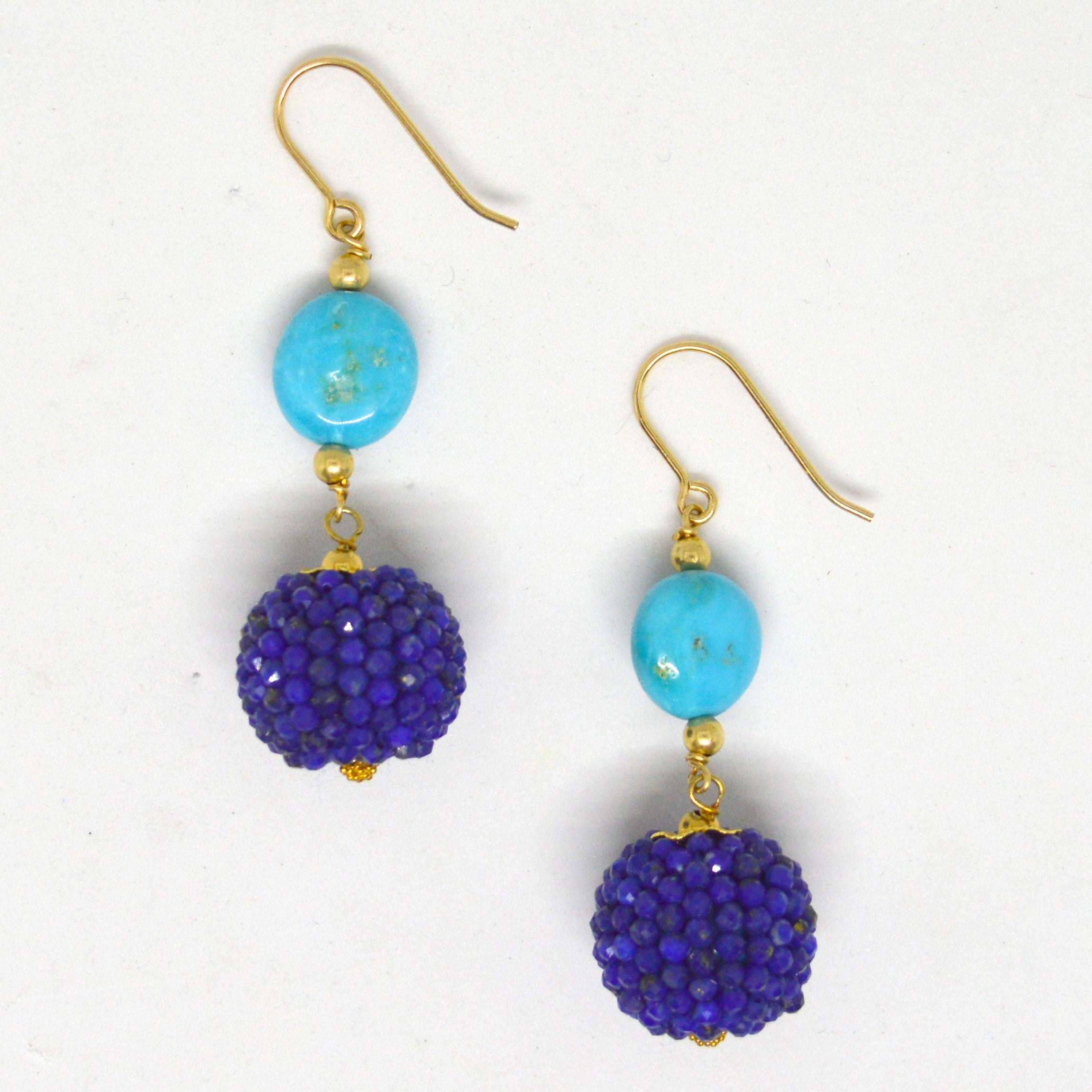Natural Sleeping Beauty nugget 10mm with a hand made beaded bead of Lapis Lazuli mirco faceted beads 14k Gold Filled headpin and 3mm beads and Sheppard.

Total Earring length 49mm.

