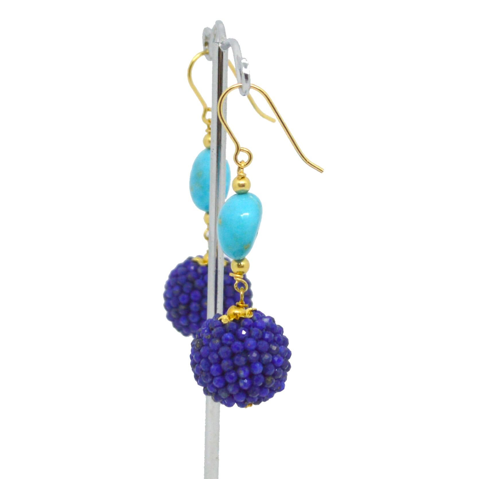 Contemporary Decadent Jewels Sleeping Beauty Turquoise Lapis Lazuli Gold Drop Earrings