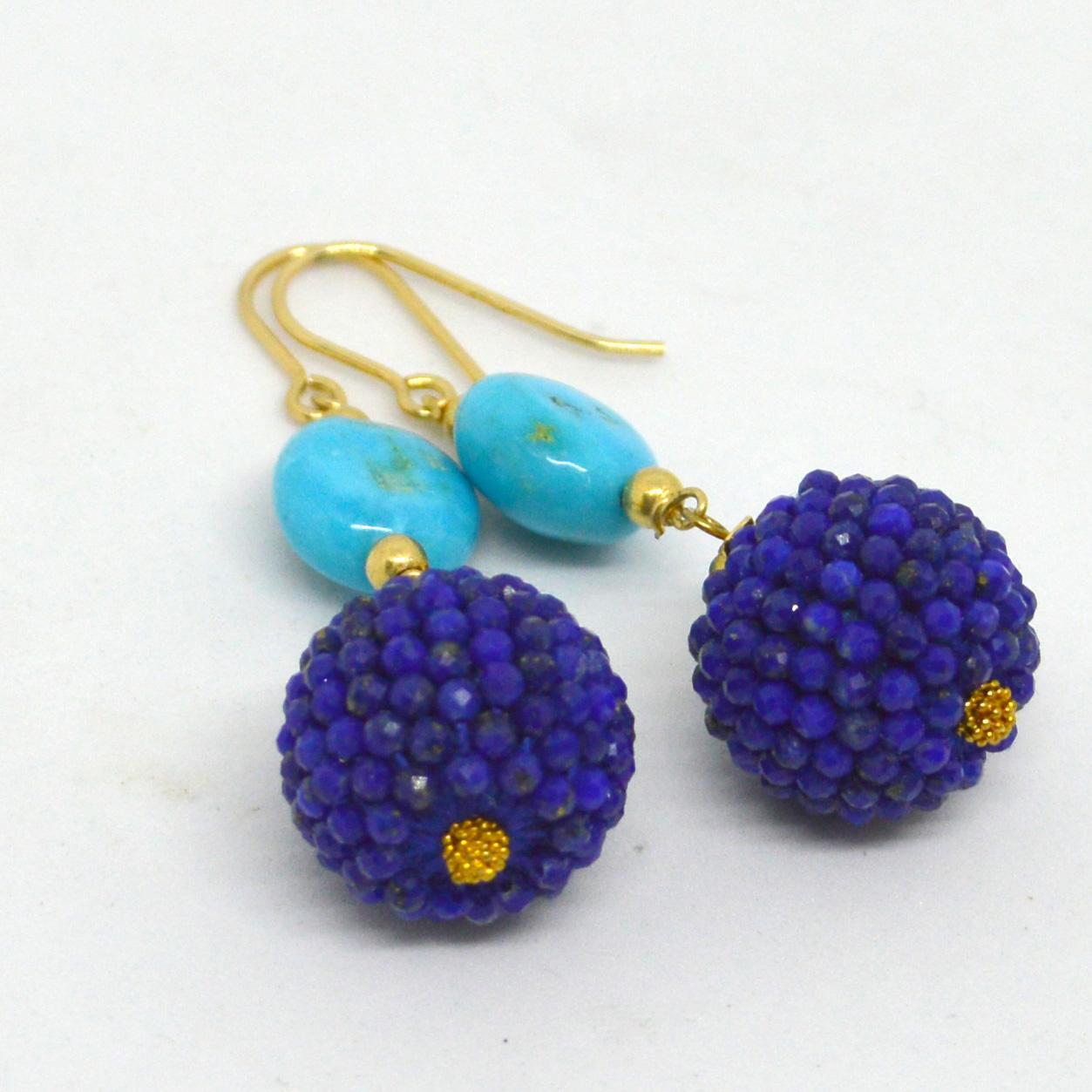 Decadent Jewels Sleeping Beauty Turquoise Lapis Lazuli Gold Drop Earrings In New Condition In Sydney, AU