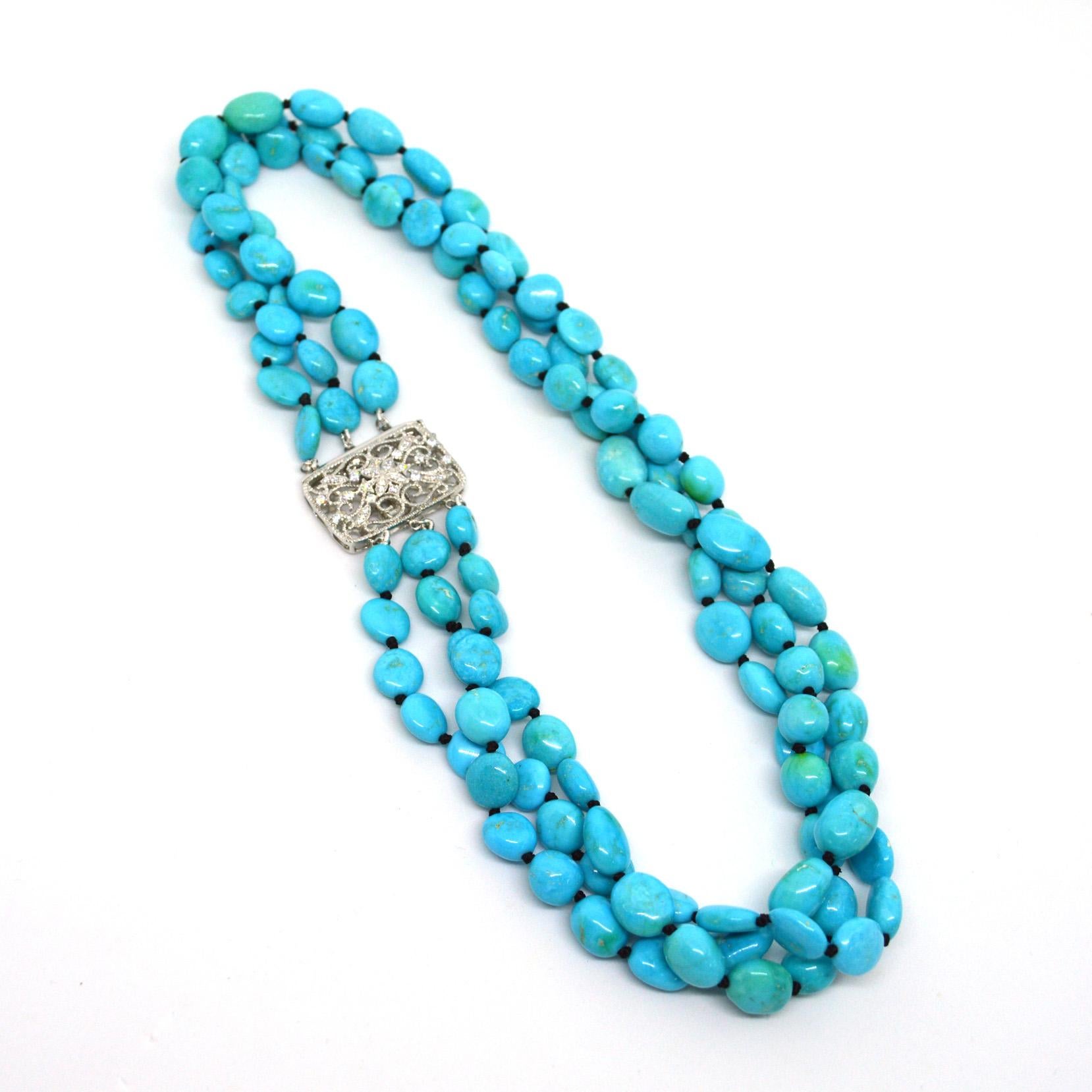 3 strands stabilized natural Sleeping Beauty Turquoise nugget necklace, hand knotted on black thread with a Rhodium plate CZ Sterling Silver clasp. Each bead is approx. 12mm - 14mm
Total length of necklace 53cm.

