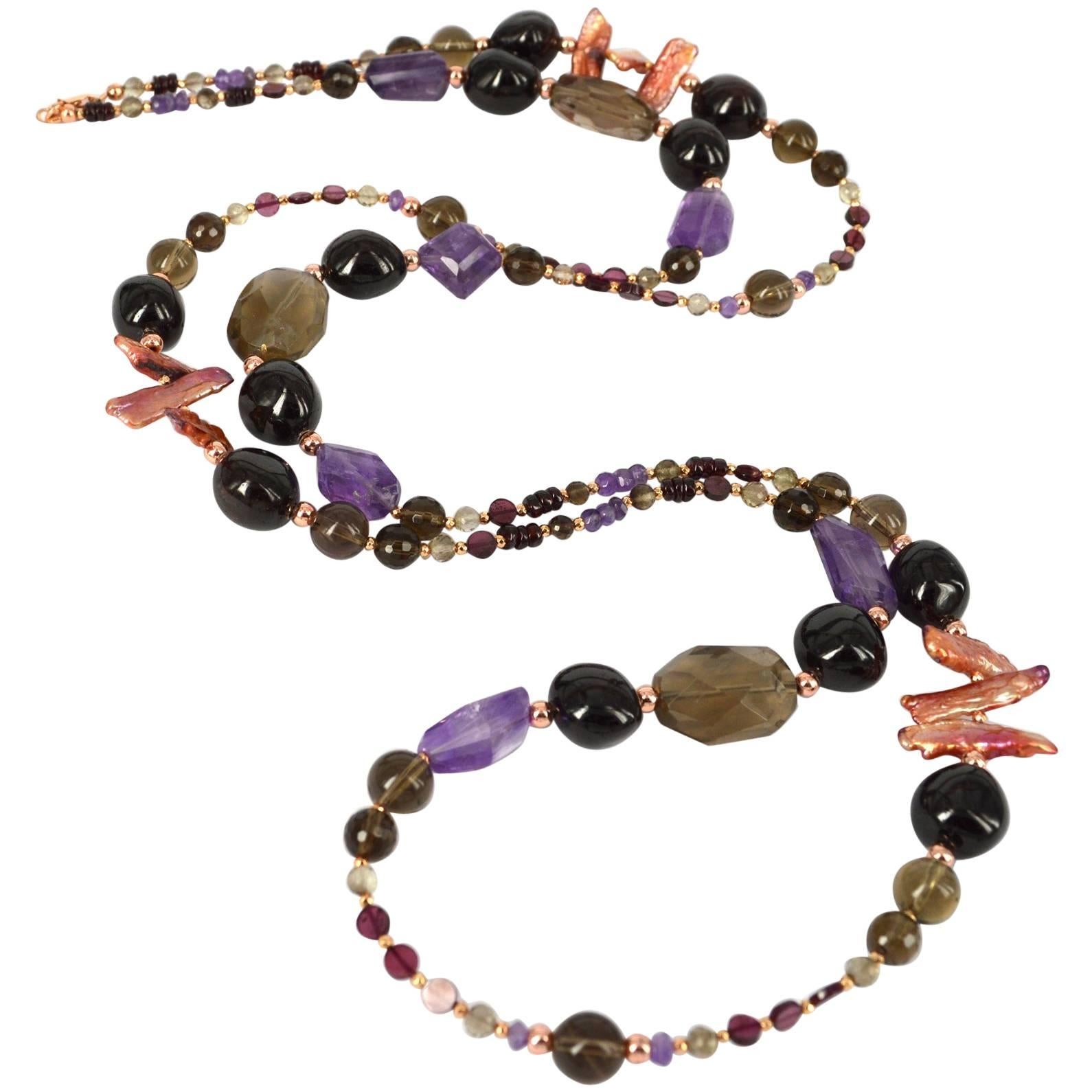 Decadent Jewels Smokey Quartz Garnet Pearl Amethyst Rose Gold Necklace