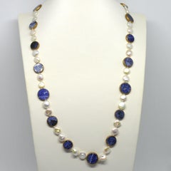 Decadent Jewels Sodalite and Fresh Water Pearl in Copper Long Necklace