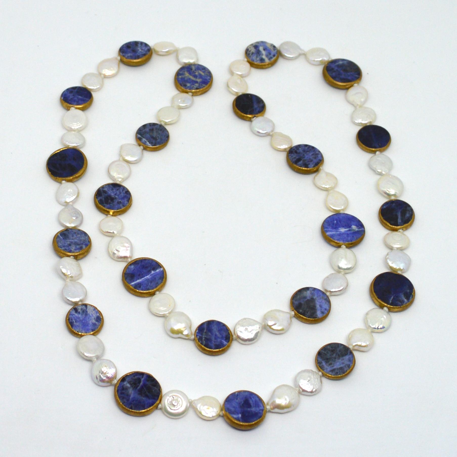 Round Cut Decadent Jewels Sodalite and Fresh Water Pearl in Copper Long Necklace For Sale