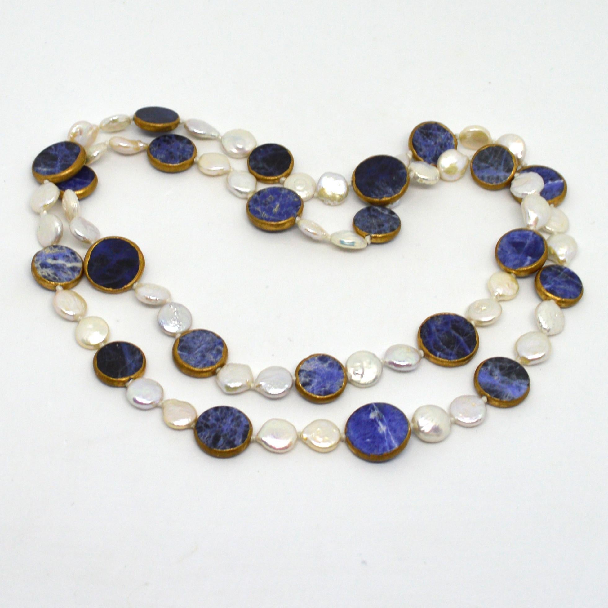 Decadent Jewels Sodalite and Fresh Water Pearl in Copper Long Necklace In New Condition For Sale In Sydney, AU