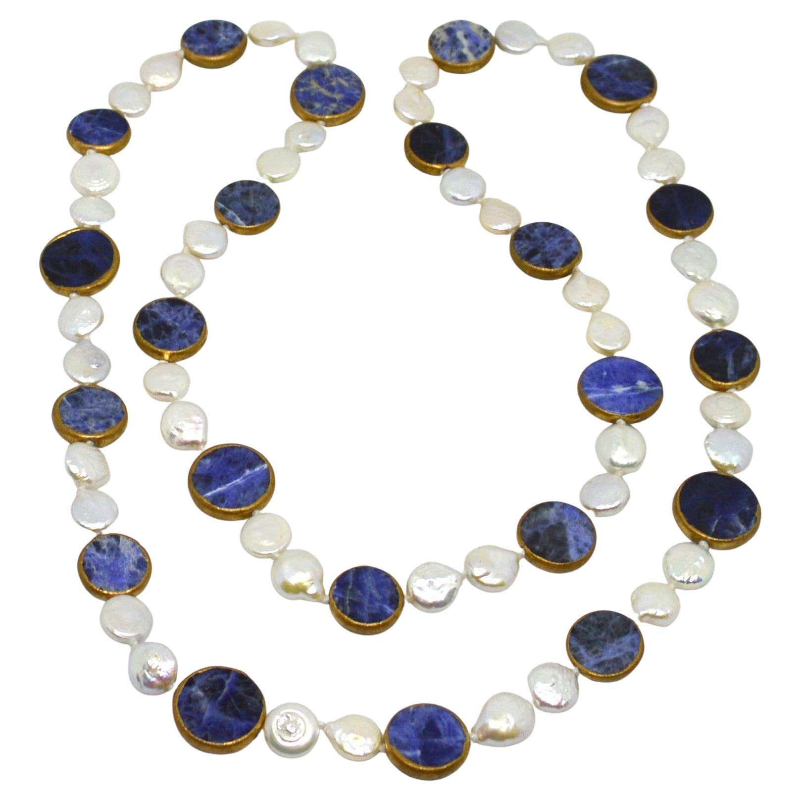 Decadent Jewels Sodalite and Fresh Water Pearl in Copper Long Necklace For Sale