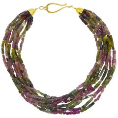 Decadent Jewels Statement Rainbow Tourmaline Toursade 10 Strand Gold Necklace