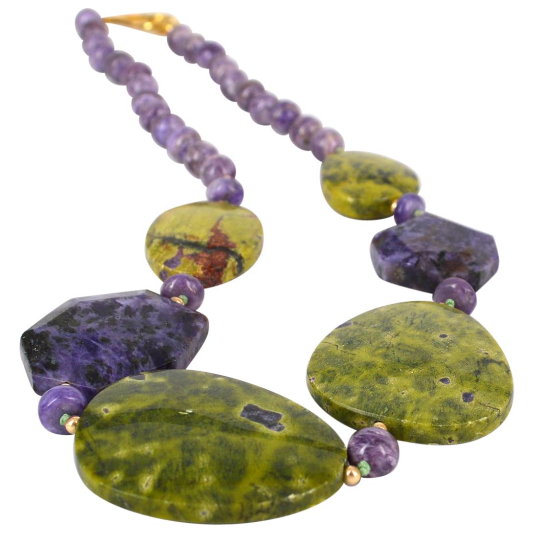 Decadent Jewels Stichtite Charite Gold Necklace For Sale