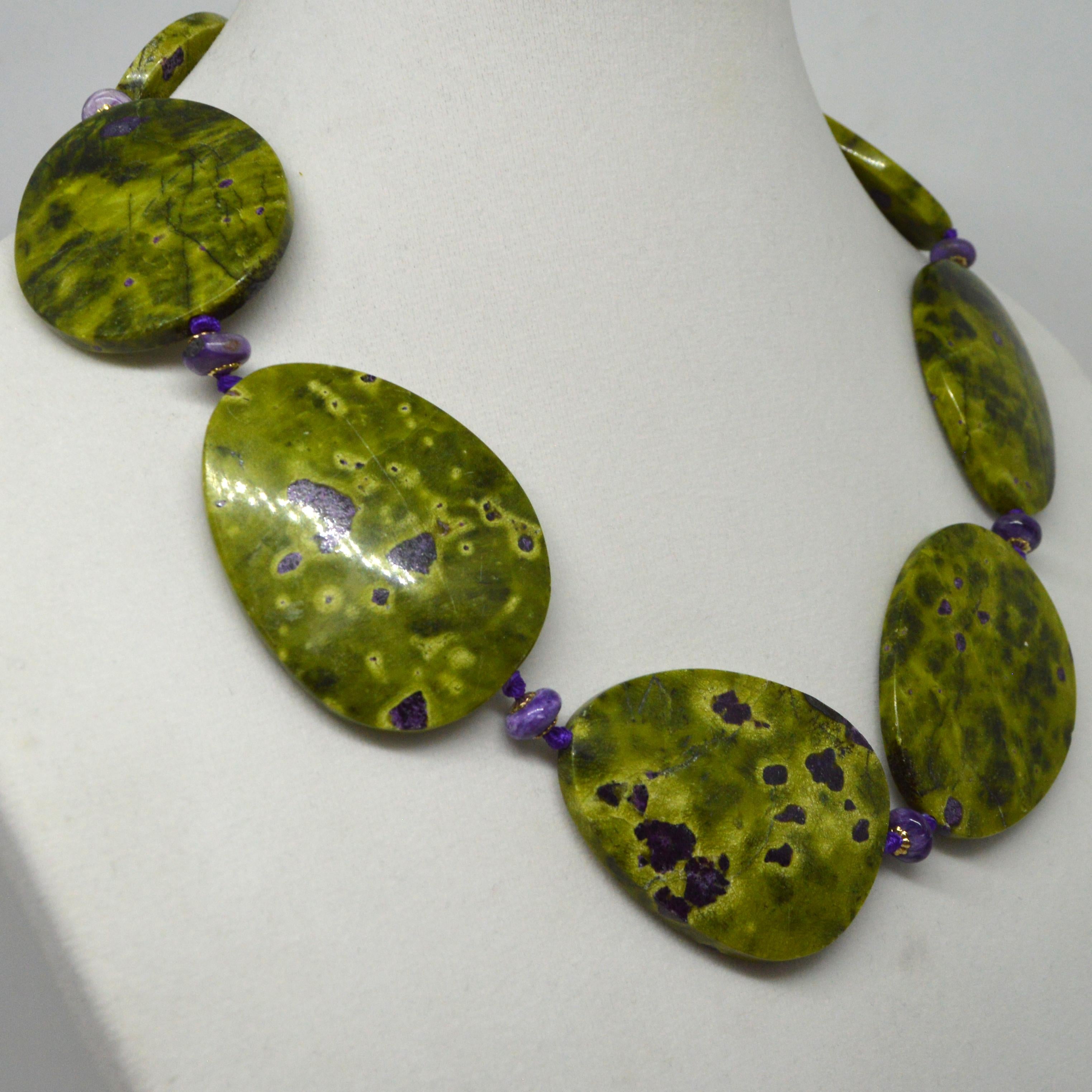 Modern Decadent Jewels Stitchite and Charoite Gold Necklace For Sale