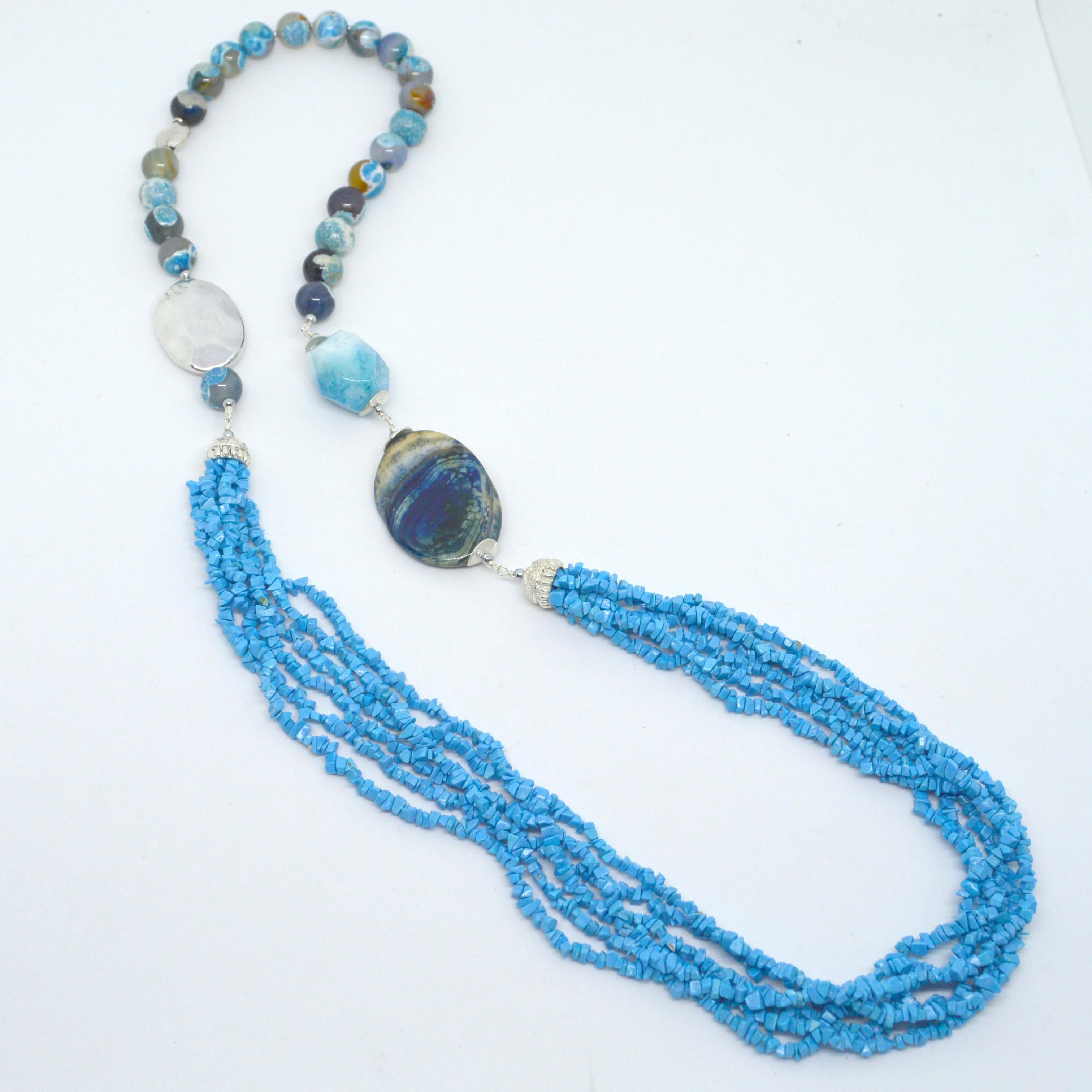 Turn a basic outfit into something more and create a lasting style statement you’ll reach for all season long. 
Bright and Vibrant Turquoise Chips with Agate beads necklace.  Silver plate Copper cap, feature bead and spacer beads.

Finished necklace