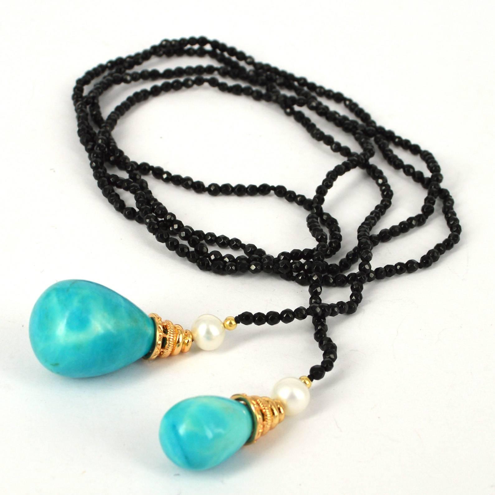 Modern Decadent Jewels Turquoise Onyx Pearl Gold Lariet Necklace For Sale