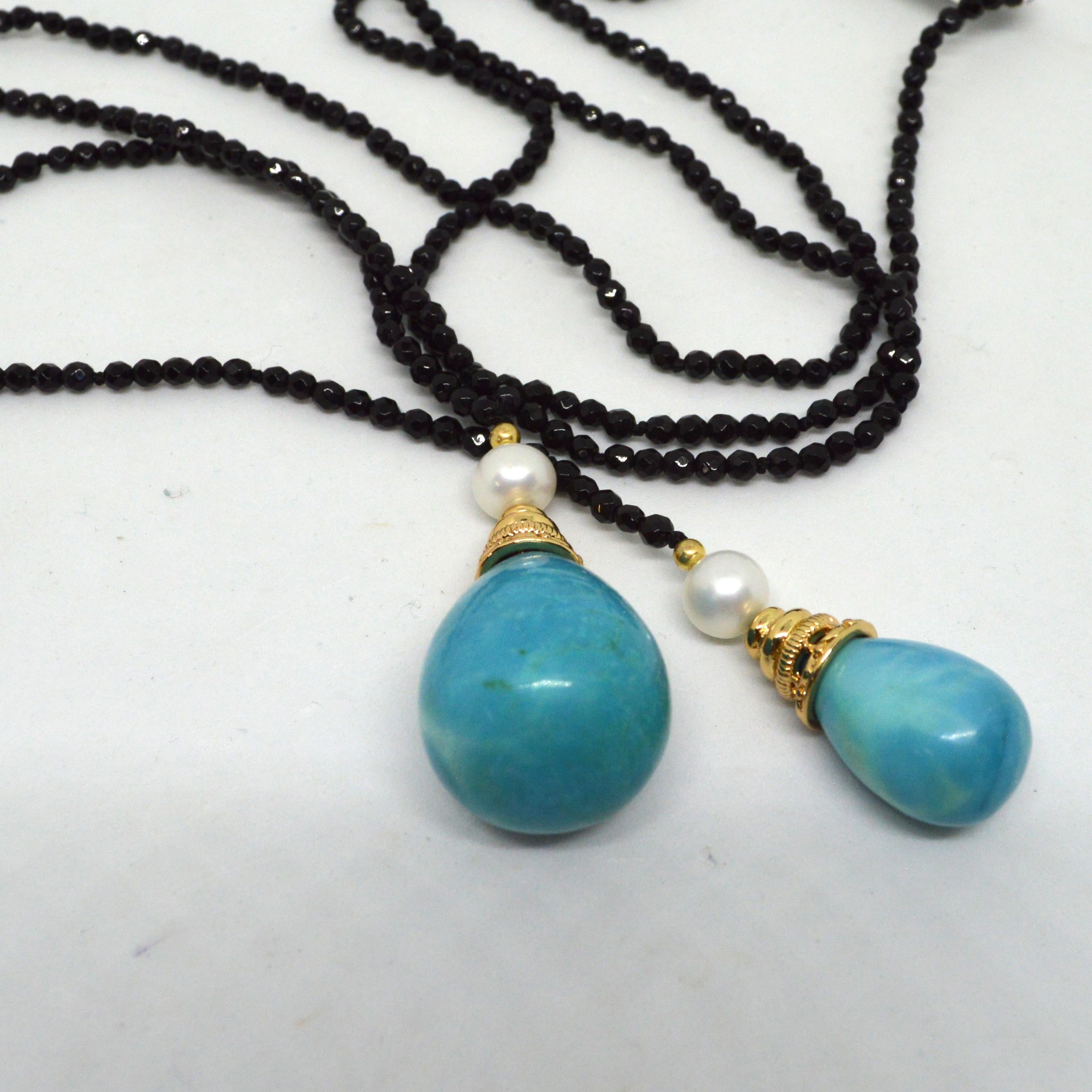 Bead Decadent Jewels Turquoise Onyx Pearl Gold Lariet Necklace For Sale